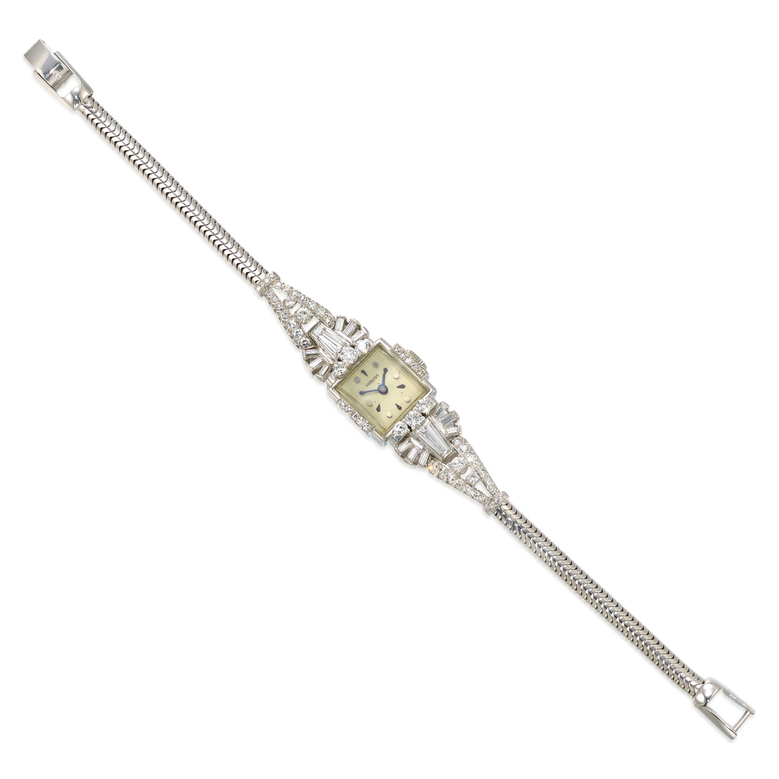 A DIAMOND WRISTWATCH, CIRCA 1950: A DIAMOND WRISTWATCH, CIRCA 1950 Designed with manual movement, the square dial signed Hamilton with stud hour markers and domed crystal, accented with round brilliant, single, tapered-baguette and