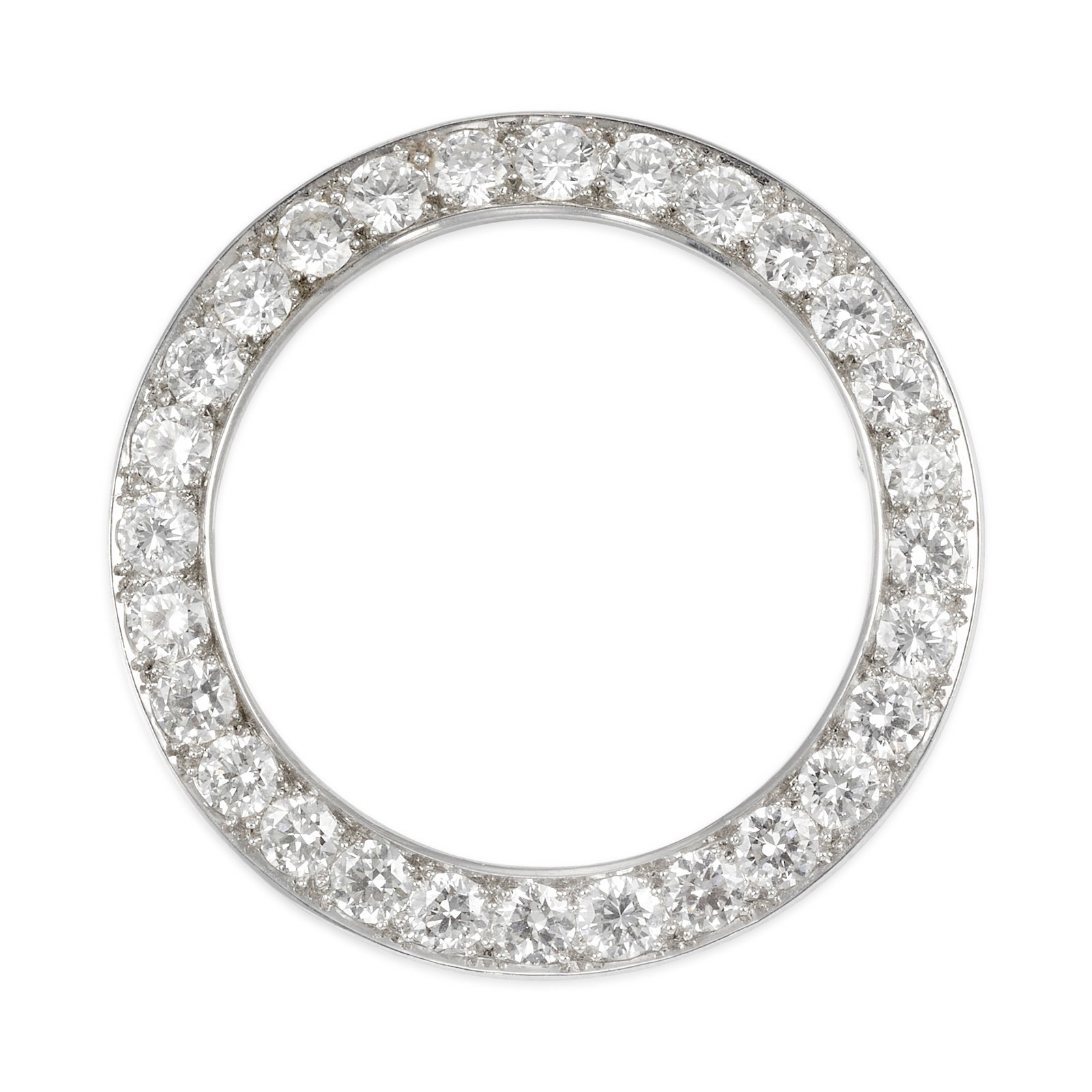 A DIAMOND BROOCH, CIRCA 1925: A DIAMOND BROOCH, CIRCA 1925 A circle brooch, set with transitional-cut diamonds; estimated total diamond weight 3.50 carats; measures 1 3/8 in. Footnotes: OVERALL CONDITION: Metal purity unstamped