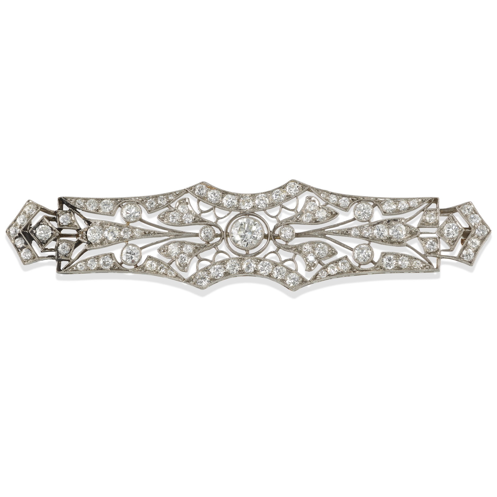A DIAMOND BROOCH, CIRCA 1920: A DIAMOND BROOCH, CIRCA 1920 Of ornate, openwork design, set across with old European and old mine-cut diamonds; estimated total diamond weight 2.90 carats; mounted in platinum, pinback fabricated in