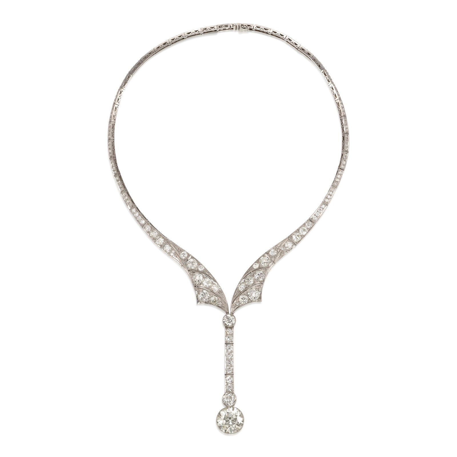 A DIAMOND NECKLACE, CIRCA 1920: A DIAMOND NECKLACE, CIRCA 1920 A linked collar, suspending and accented across with old European, old mine and single-cut diamonds; estimated center diamond weight 7.10 carats; estimated remaining