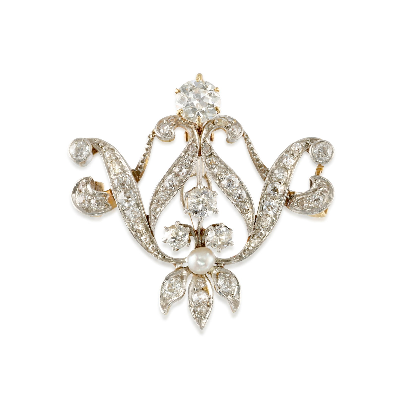 A DIAMOND AND CULTURED PEARL PENDANT/BROOCH, CIRCA 1890: A DIAMOND AND CULTURED PEARL PENDANT/BROOCH, CIRCA 1890 Of floral design, set across with old European and old mine-cut diamonds, accented with a single, semi-baroque cultured pearl; estimated total d