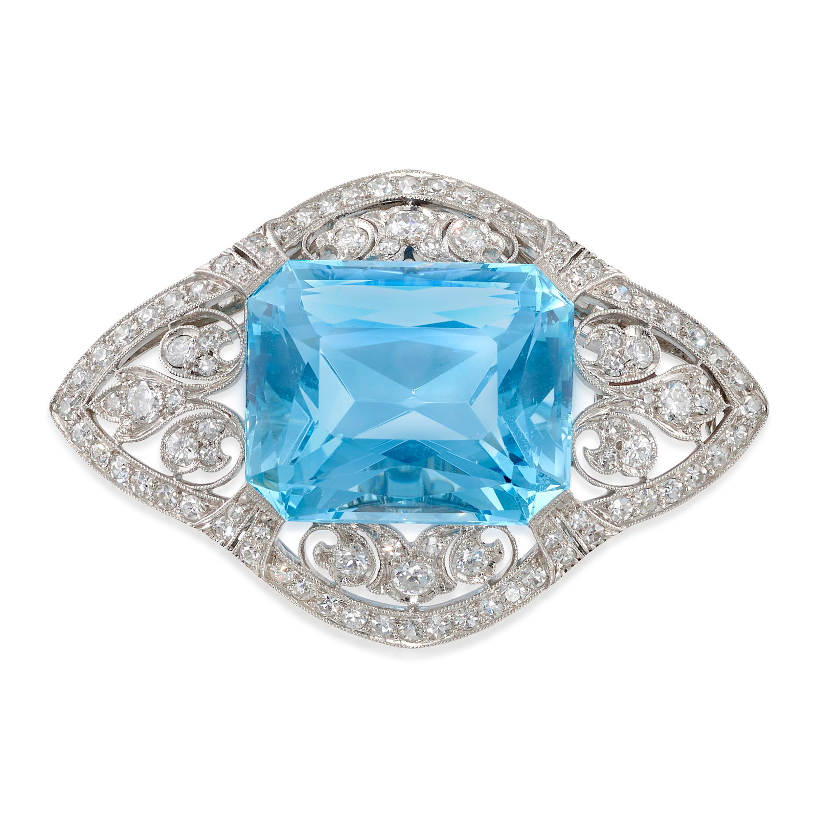 AN AQUAMARINE AND DIAMOND PENDANT/BROOCH, CIRCA 1925: AN AQUAMARINE AND DIAMOND PENDANT/BROOCH, CIRCA 1925 Centering an octagonal, mixed-cut aquamarine, in an openwork mounting accented with transitional and single-cut diamonds; estimated aquamarine
