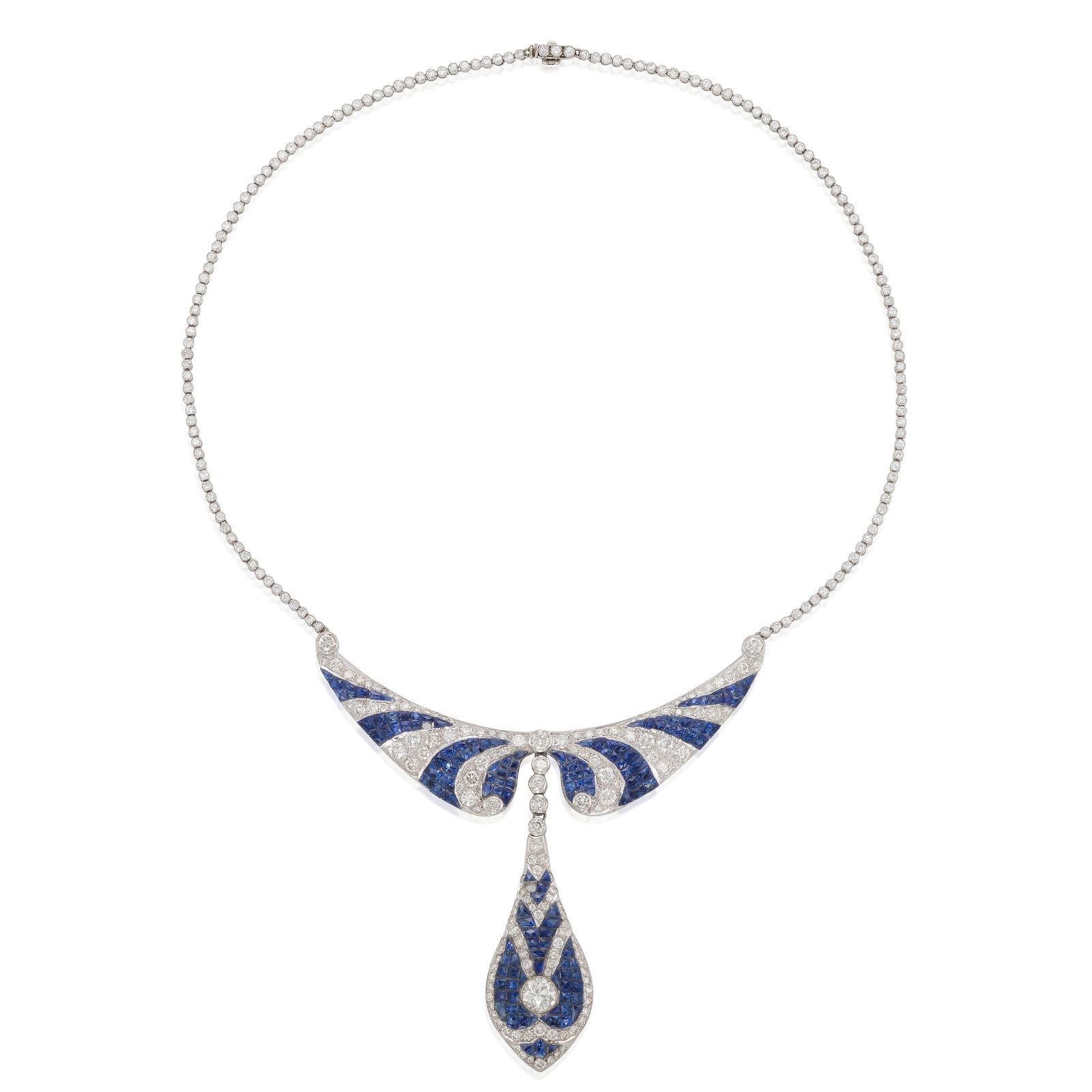 A SAPPHIRE AND DIAMOND NECKLACE: A SAPPHIRE AND DIAMOND NECKLACE Centering an old European-cut diamond, within a drop-shaped plaque with an organic pattern of invisible-set calibré-cut sapphires, old European and round