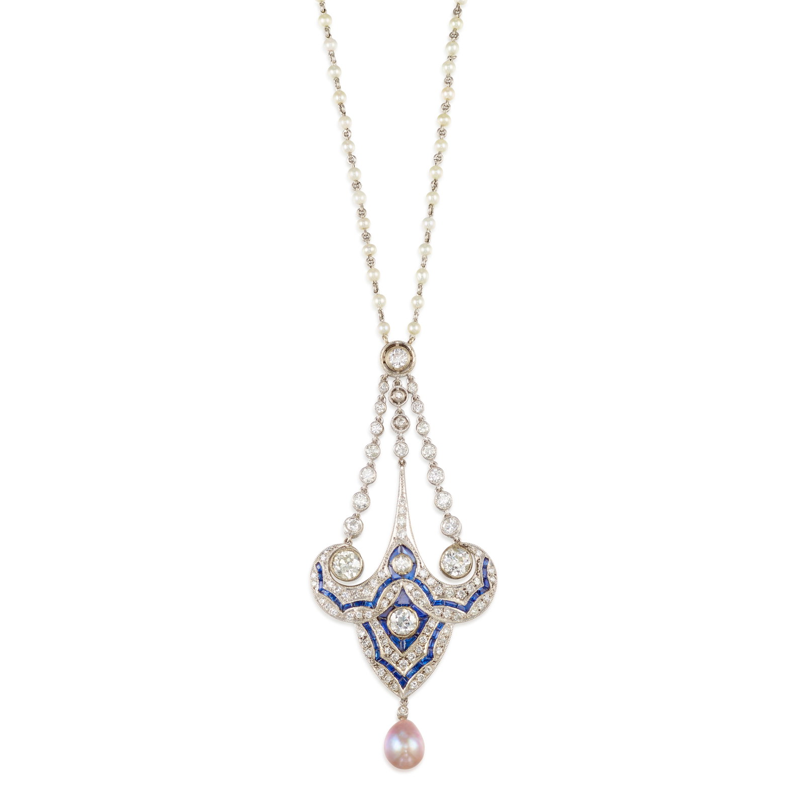 A CULTURED PEARL, SAPPHIRE AND DIAMOND NECKLACE (1 of 1)