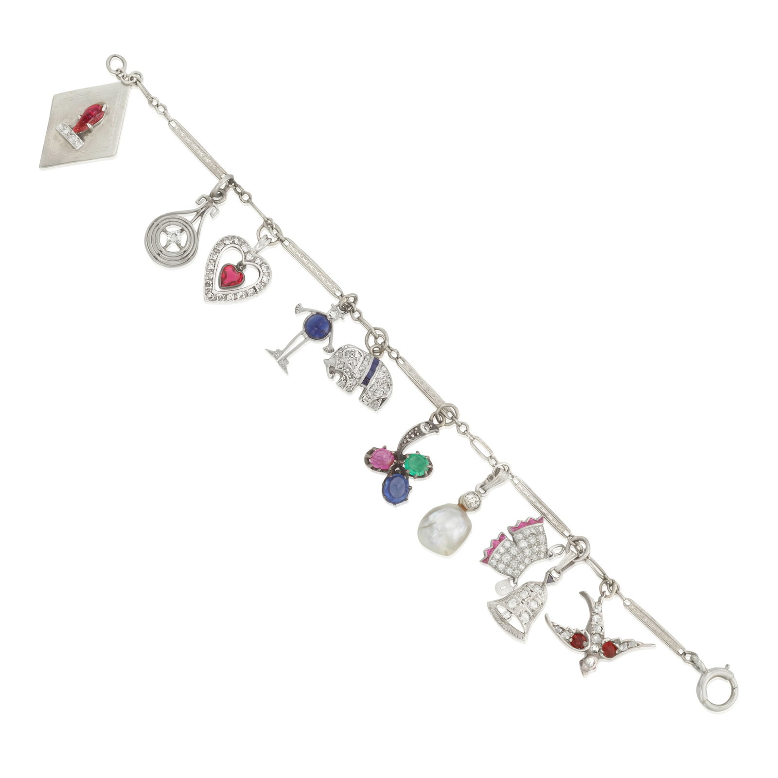 A CHARM BRACELET, CIRCA 1920: A CHARM BRACELET, CIRCA 1920 Comprising various charms, with gem-set details and enhanced by old European and rose-cut diamonds; bracelet length 7 in.; charms measure 5/8 - 1 in Footnotes: OVERALL