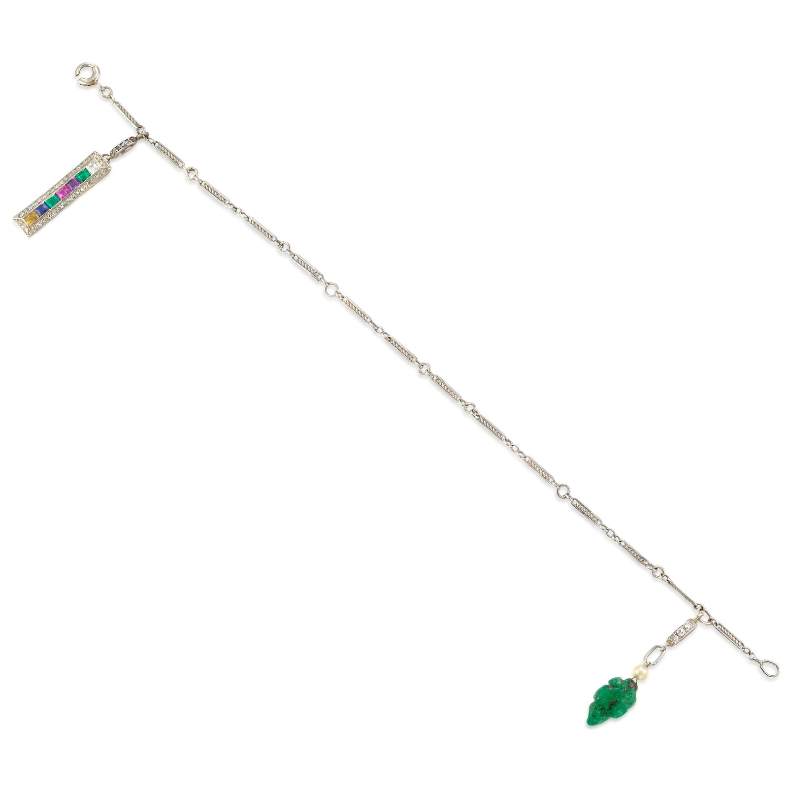 A GEM-SET CHARM BRACELET, CIRCA 1920: A GEM-SET CHARM BRACELET, CIRCA 1920 A fancy link chain, suspending one carved emerald, seed pearl and single-cut diamond-accented charm and one square, step-cut diamond and gem-set bar charm; bar
