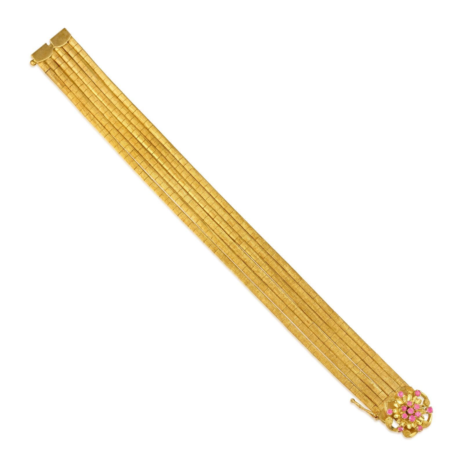 AN 18K GOLD AND PINK SAPPHIRE BRACELET: AN 18K GOLD AND PINK SAPPHIRE BRACELET Comprising six rows of flat, textured gold, completed by a floral clasp accented with round pink sapphires; with Italian registered trademark; length 7 1/4 in.,