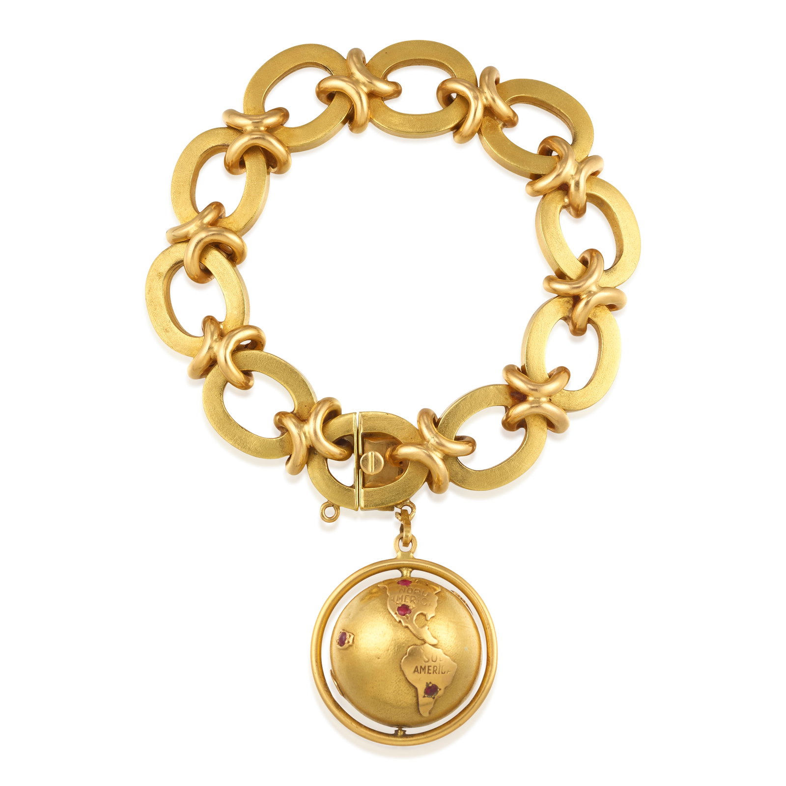 AN 18K GOLD BRACELET AND CHARM: AN 18K GOLD BRACELET AND CHARM A fancy link bracelet, suspending a spinning globe charm accented with round rubies; bracelet with Argentinian assay mark; bracelet length 7 7/8 in., width 5/8 in.;