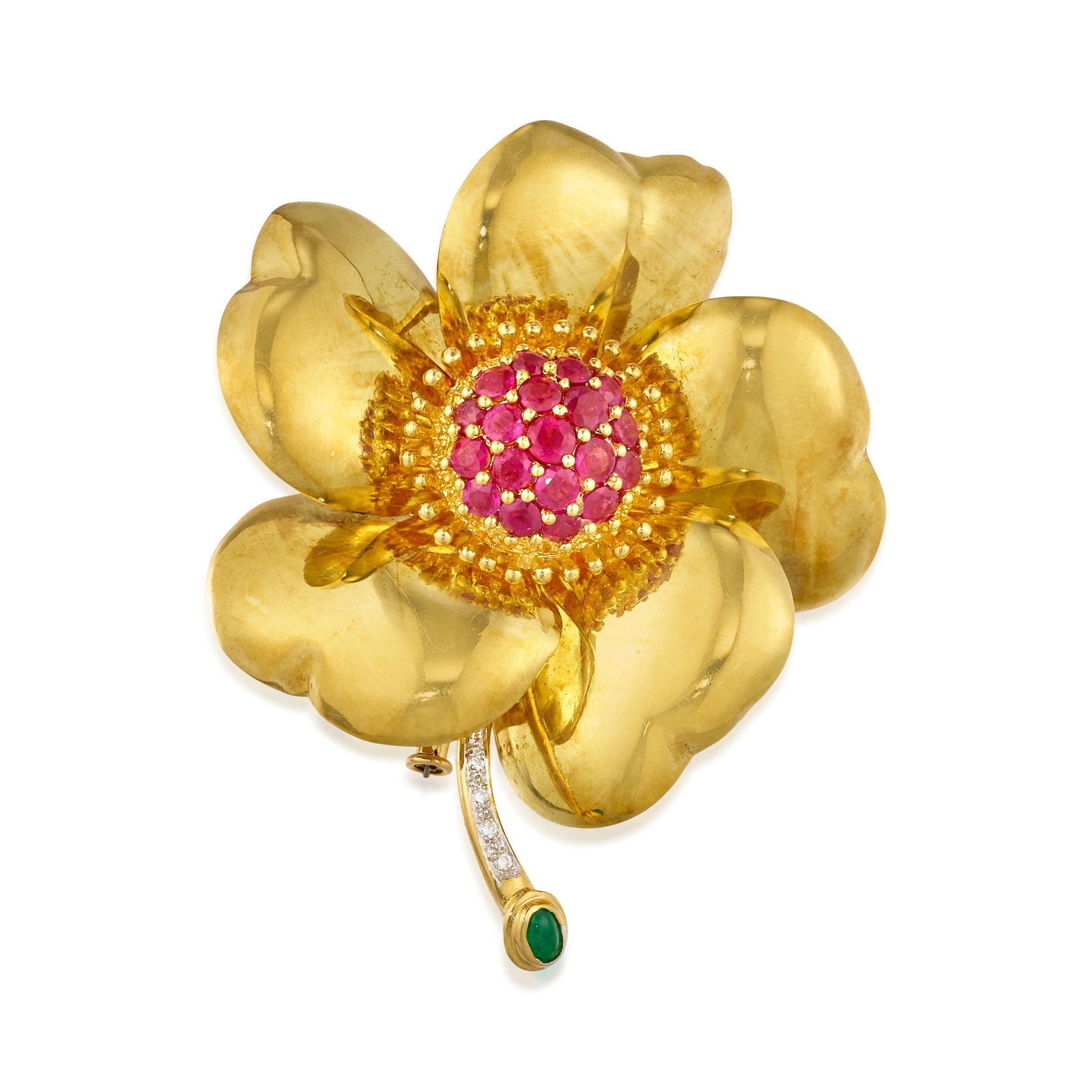 AN 18K GOLD, DIAMOND AND GEM-SET BROOCH: AN 18K GOLD, DIAMOND AND GEM-SET BROOCH Designed as a flower, centering a cluster of round rubies, the stem accented with round brilliant-cut diamonds and an oval-shaped cabochon emerald; with maker's