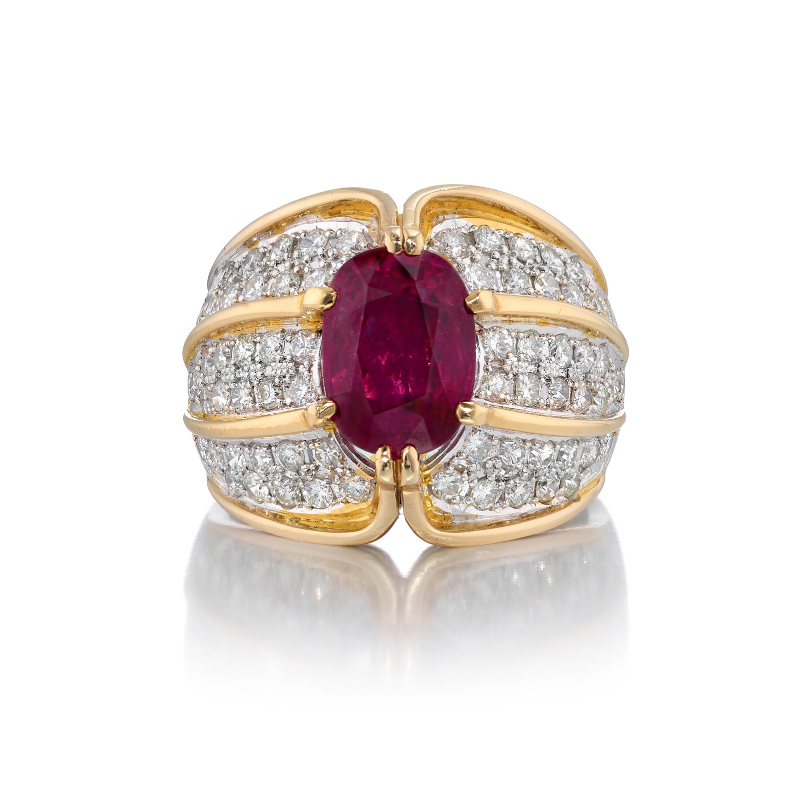 A PLATINUM, 18K GOLD, RUBY AND DIAMOND RING (1 of 1)