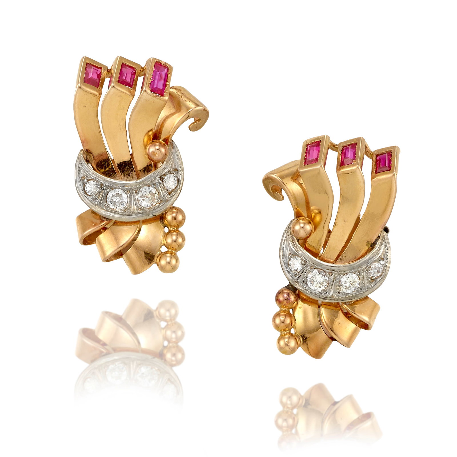 A PAIR OF DIAMOND AND SYNTHETIC RUBY EARRINGS, CIRCA 1940 (1 of 1)