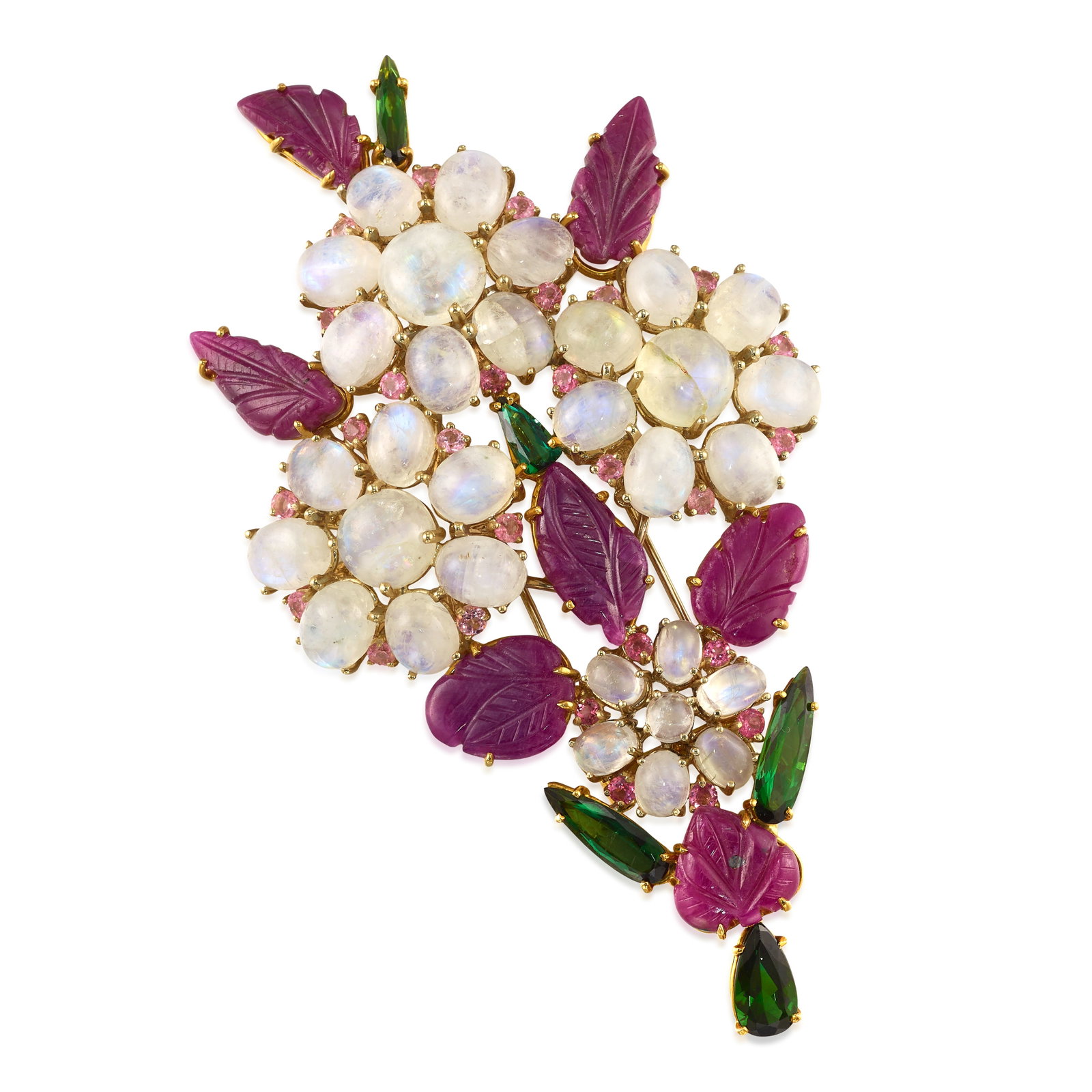 TONY DUQUETTE: AN 18K GOLD AND GEM-SET CLIP/BROOCH: TONY DUQUETTE: AN 18K GOLD AND GEM-SET CLIP/BROOCH Designed as a foliate and floral arrangement, set with round and oval-shaped cabochon moonstones, green tourmalines, round brilliant-cut pink sapphir