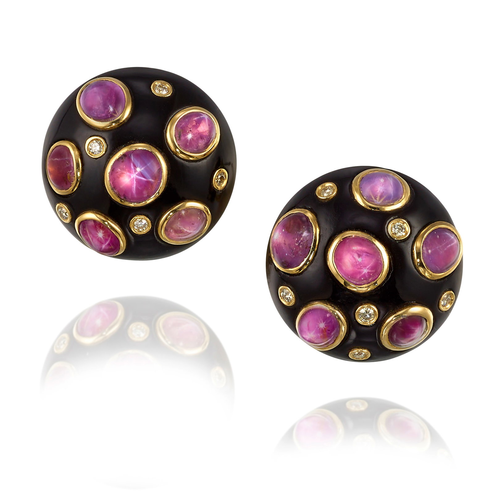 FEI LIU: A PAIR OF 14K GOLD, STAR SAPPHIRE, ONYX AND DIAMOND EARRINGS (1 of 1)