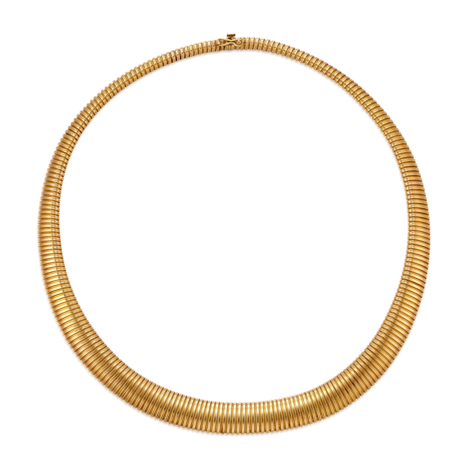 AN 18K PINK GOLD NECKLACE: AN 18K PINK GOLD NECKLACE A graduated tubogas collar; length 16 1/2 in., width 1/4 - 7/16 in. Footnotes: OVERALL CONDITION: Metal stamped and tested with XRF (X-ray fluorescence) for 18k gold; clasp