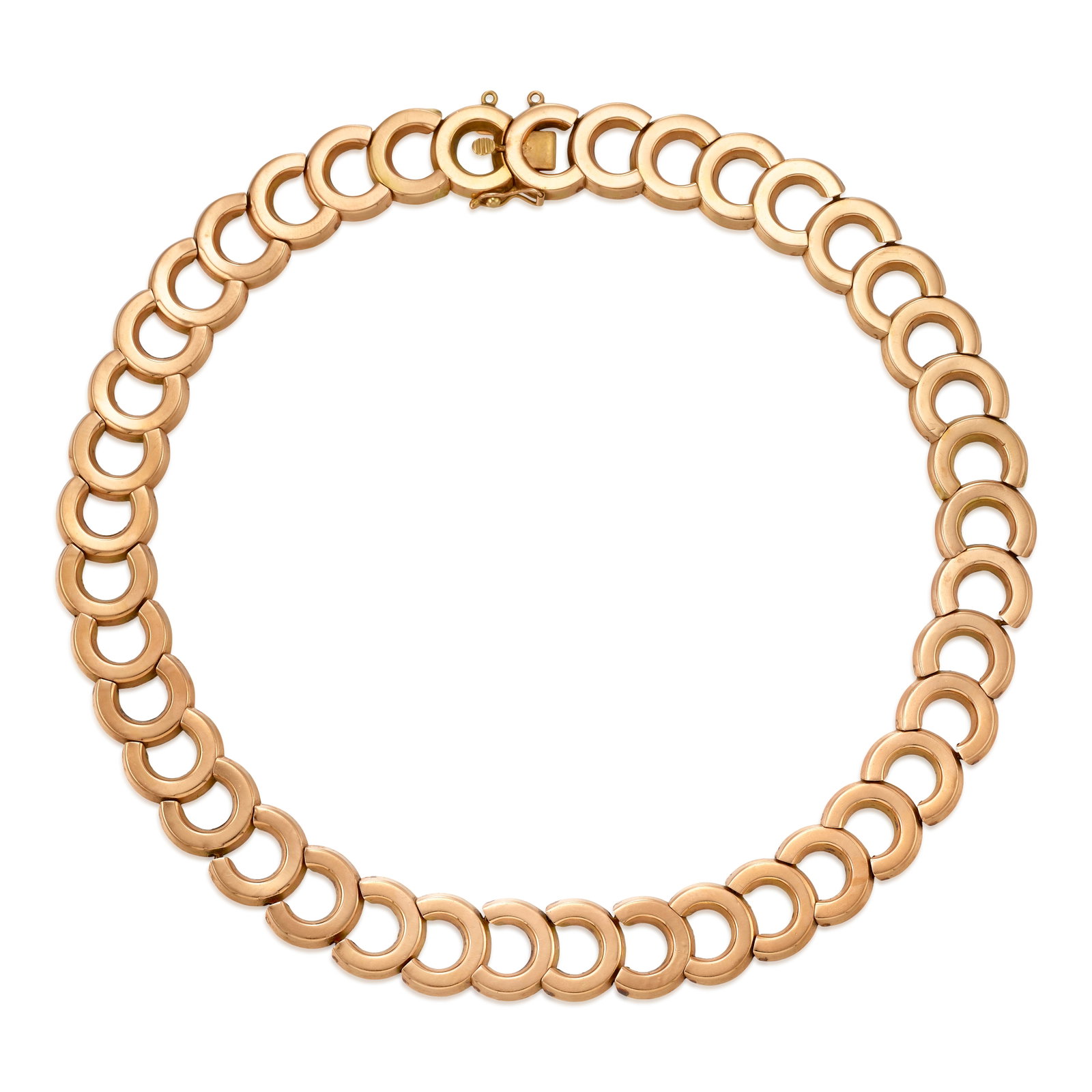 A PINK GOLD NECKLACE: A PINK GOLD NECKLACE A collar composed of circular links; with partial maker's mark or assay mark; fabricated in 14k pink gold; inner circumference 17 in., width 5/8 in. Footnotes: OVERALL CONDITION: