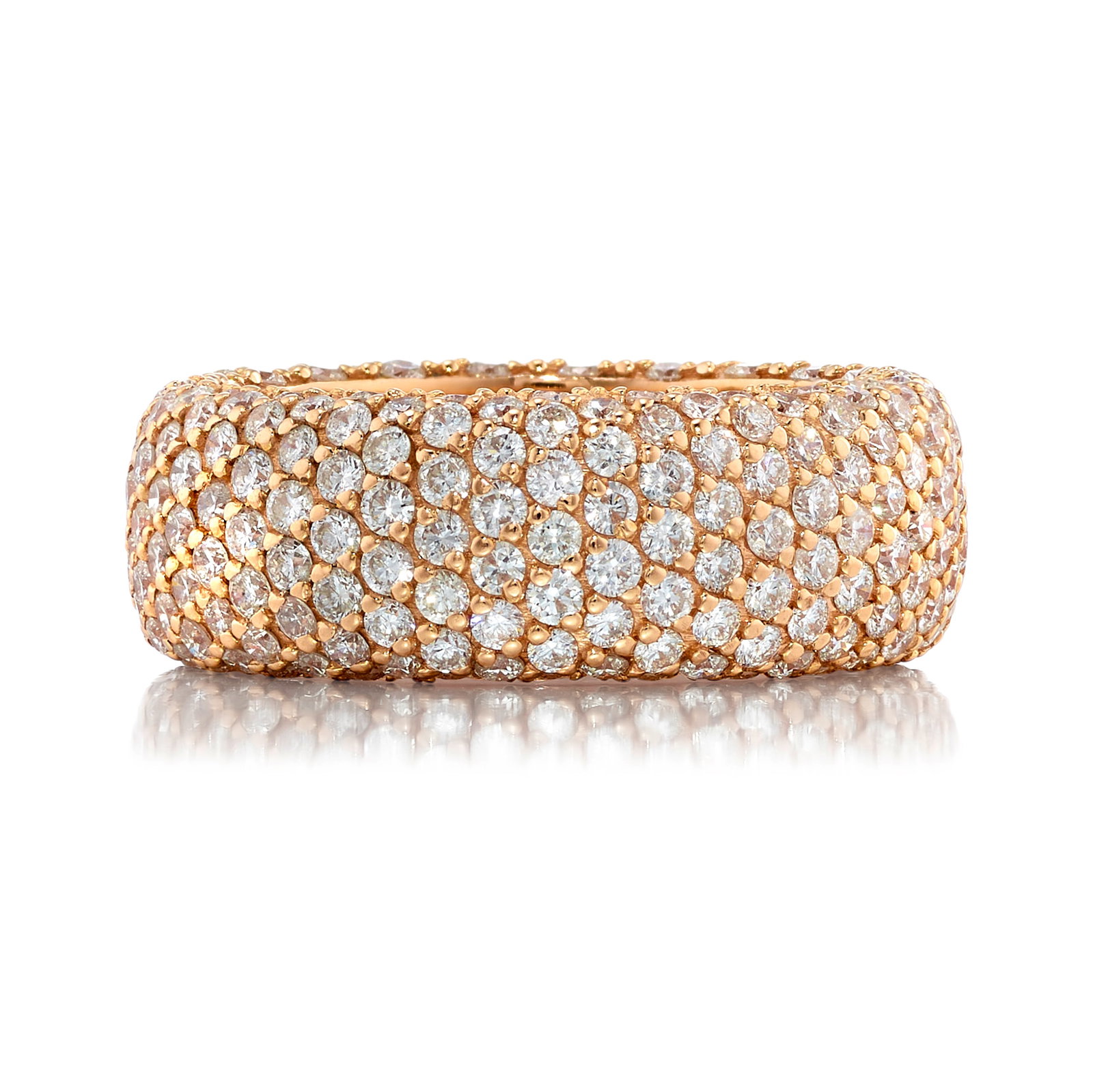 LUGANO: AN 18K PINK GOLD AND DIAMOND RING: LUGANO: AN 18K PINK GOLD AND DIAMOND RING An eternity band, pavé-set with round brilliant-cut diamonds; signed Lugano; with serial number; estimated total diamond weight 3.50 carats; size 7 3/4
