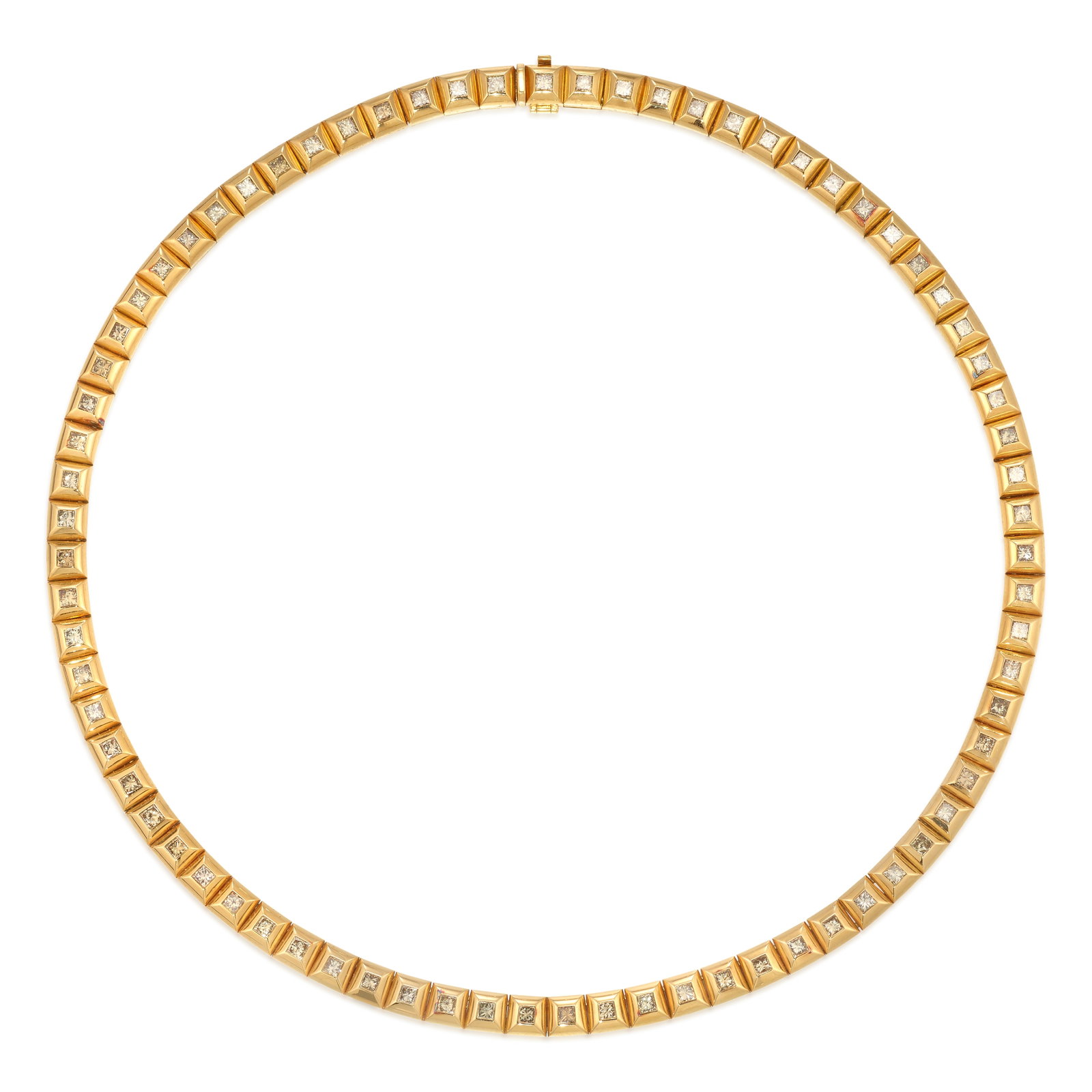 HANS D. KRIEGER: AN 18K PINK GOLD AND COLORED DIAMOND NECKLACE: HANS D. KRIEGER: AN 18K PINK GOLD AND COLORED DIAMOND NECKLACE A collar of pyramidal links, each accented by a square mixed-cut diamond of brown hue; with maker's mark; estimated total diamond weight