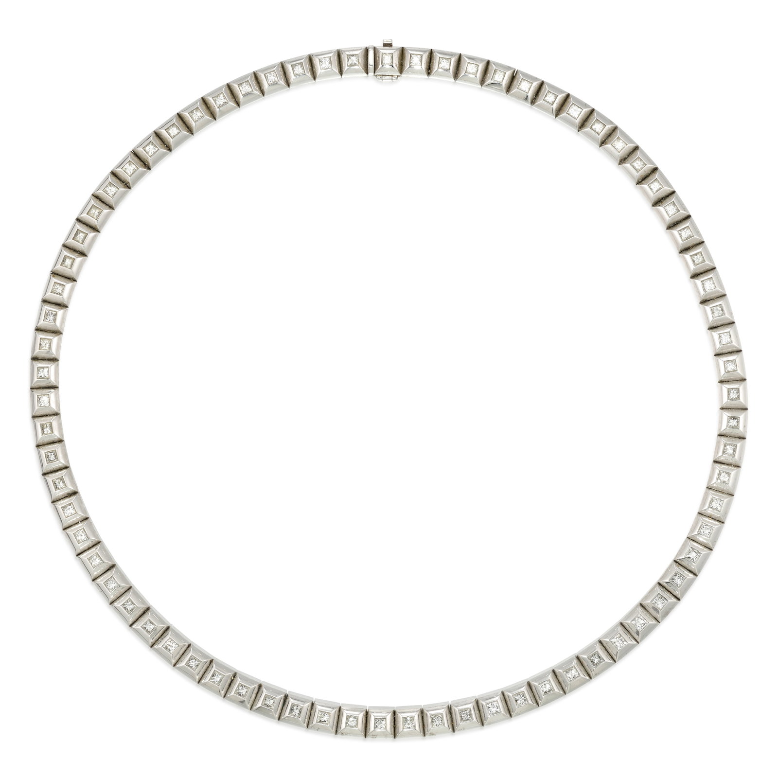 HANS D. KRIEGER: AN 18K WHITE GOLD AND DIAMOND NECKLACE: HANS D. KRIEGER: AN 18K WHITE GOLD AND DIAMOND NECKLACE A collar of pyramidal links, each accented with a square, mixed-cut diamond; with maker's mark; estimated total diamond weight 7.50 carats;