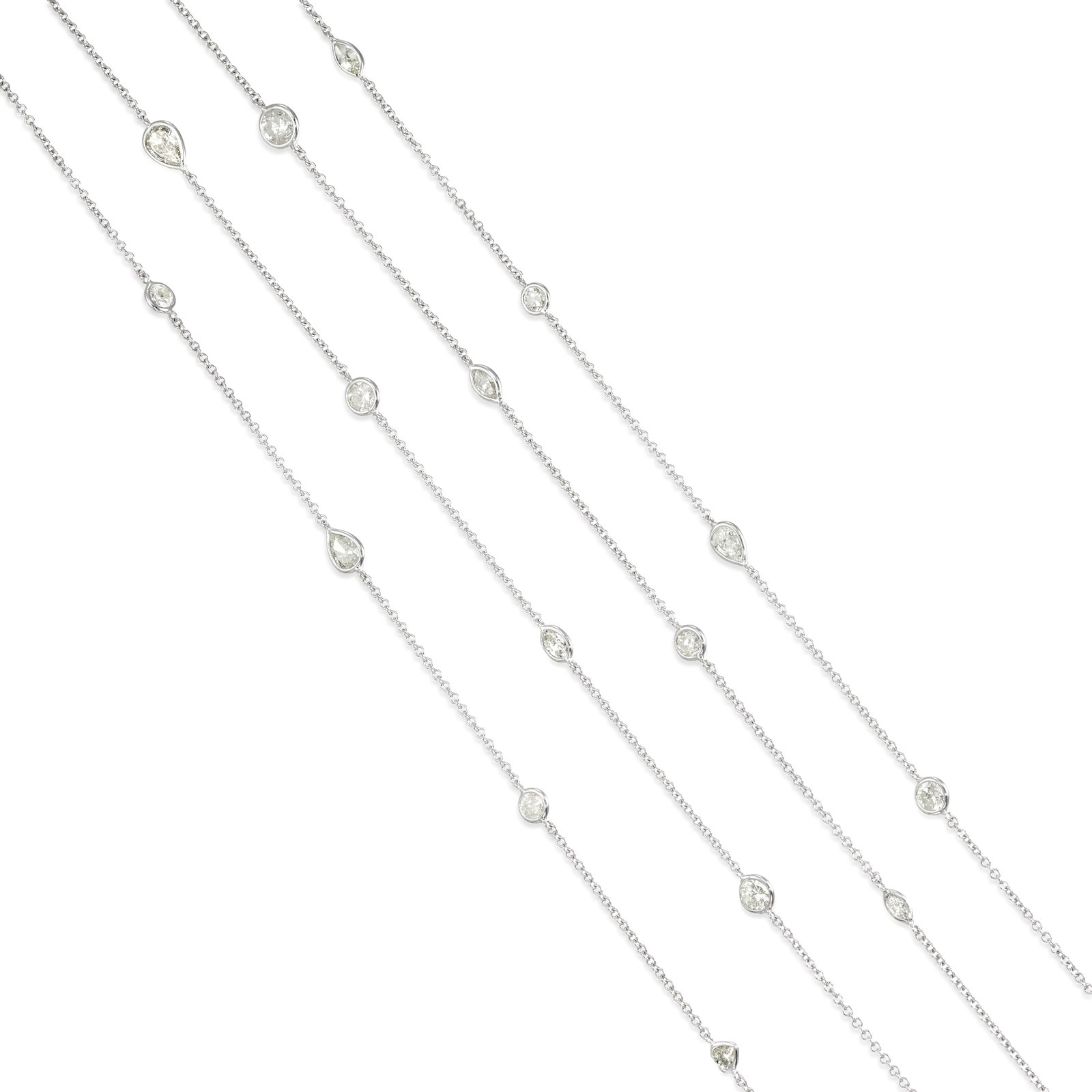 A DIAMOND NECKLACE: A DIAMOND NECKLACE A longchain with alternating stations of round brilliant, marquise, trilliant, pear and heart-shaped diamonds; estimated total diamond weight 11.60 carats; mounted and fabricated