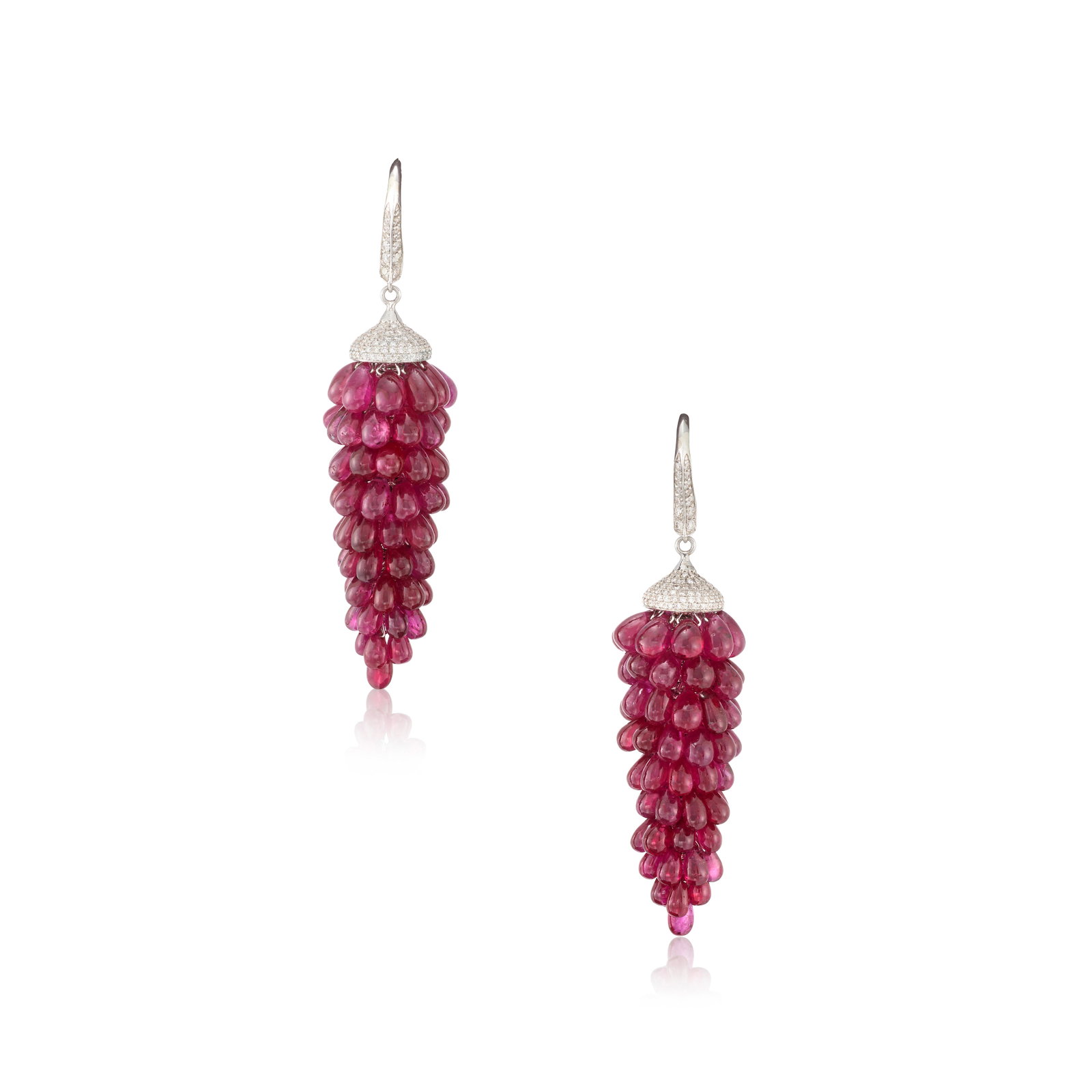 A PAIR OF RUBY AND DIAMOND EARRINGS: A PAIR OF RUBY AND DIAMOND EARRINGS Of flexible grape cluster design set with drop-shaped ruby beads, to a round brilliant-cut diamond-set surmount; estimated total ruby weight 80.00 - 100.00 carats;
