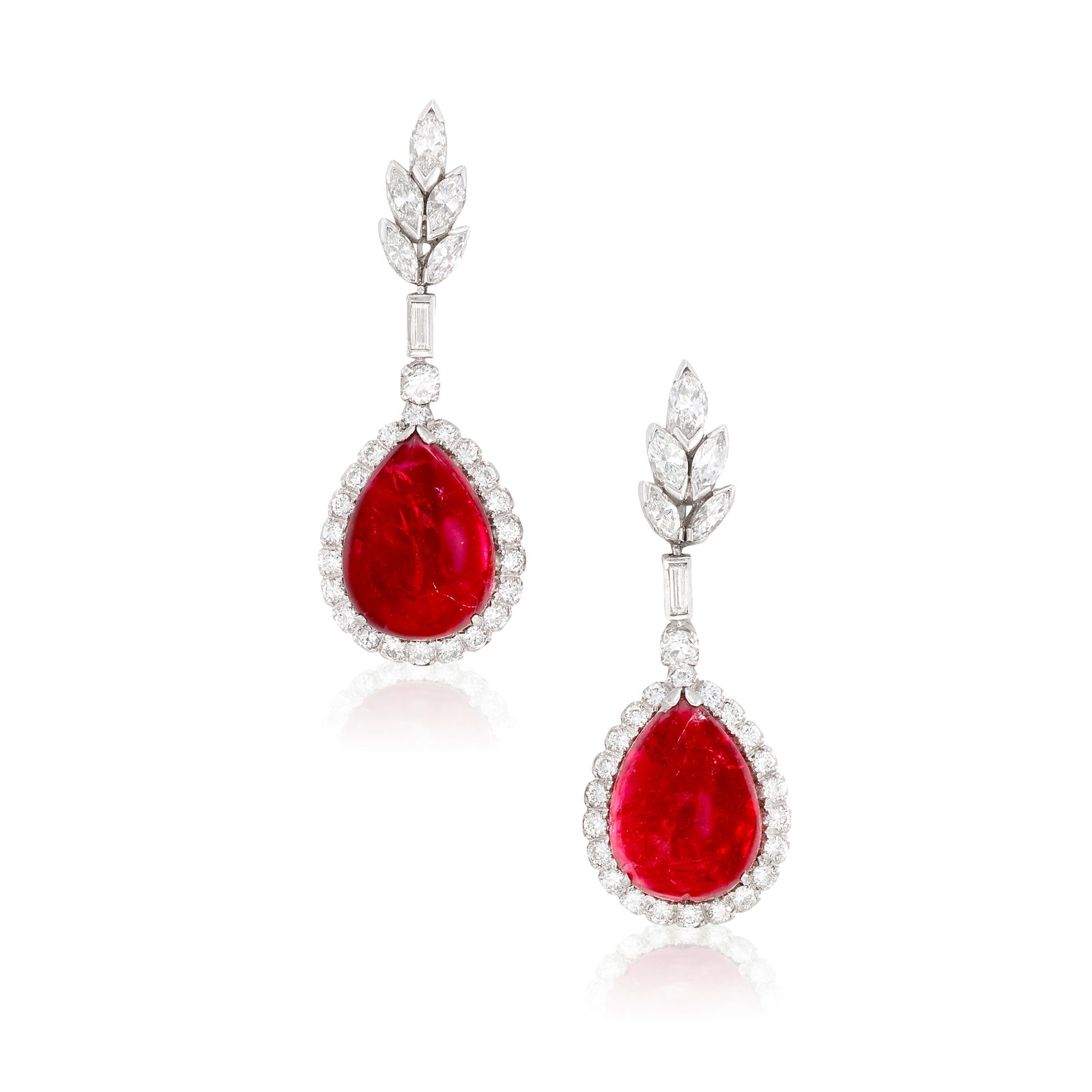 A PAIR OF SPINEL AND DIAMOND EARCLIPS: A PAIR OF SPINEL AND DIAMOND EARCLIPS Each centering a pear-shaped cabochon spinel, surrounded by round brilliant-cut diamonds, suspended from a marquise-shaped and baguette-cut diamond-set surmount;