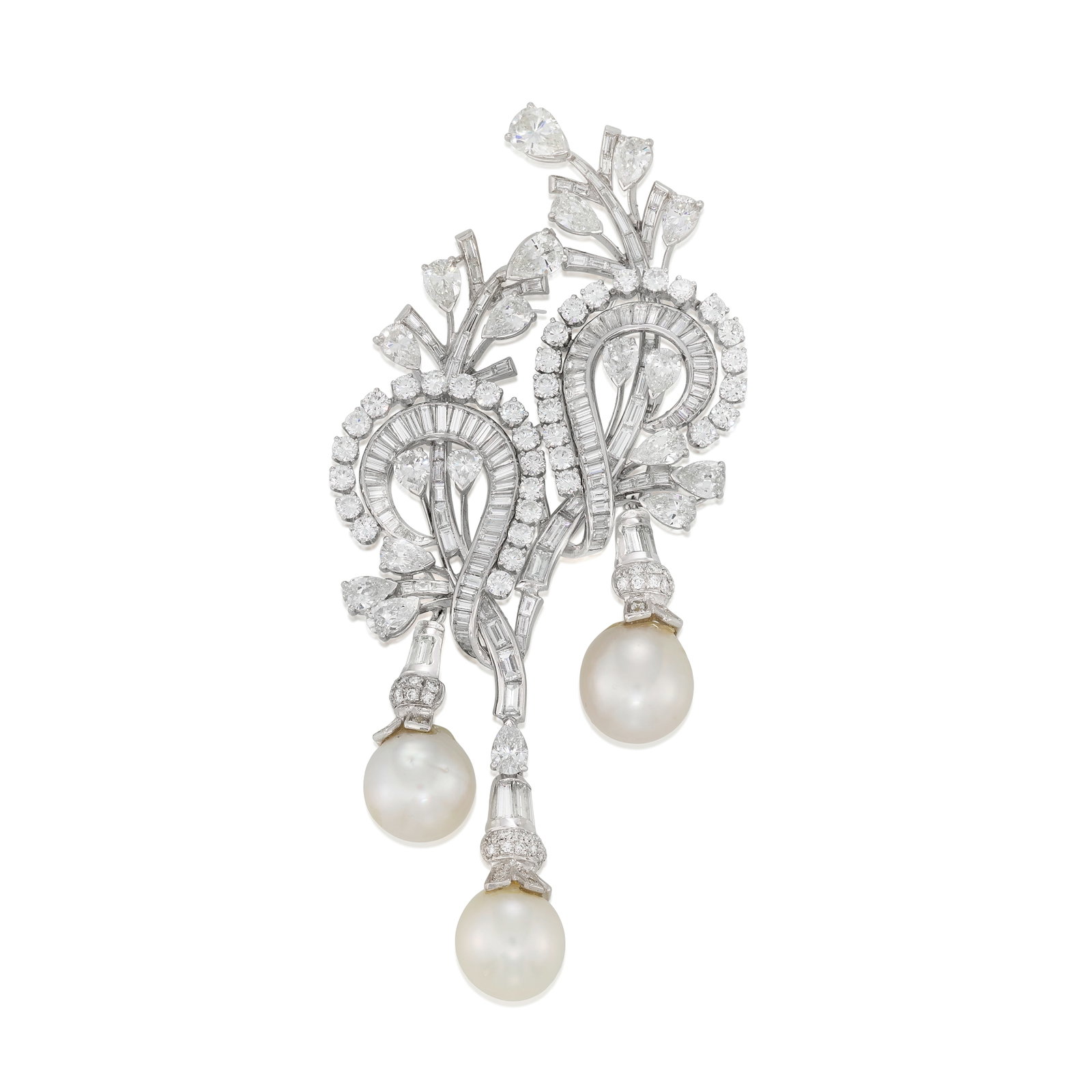 A DIAMOND AND CULTURED PEARL BROOCH, CIRCA 1950: A DIAMOND AND CULTURED PEARL BROOCH, CIRCA 1950 Designed with peacock feather motif, set throughout with pear-shaped, baguette and round brilliant-cut diamond, suspending three detachable drops of