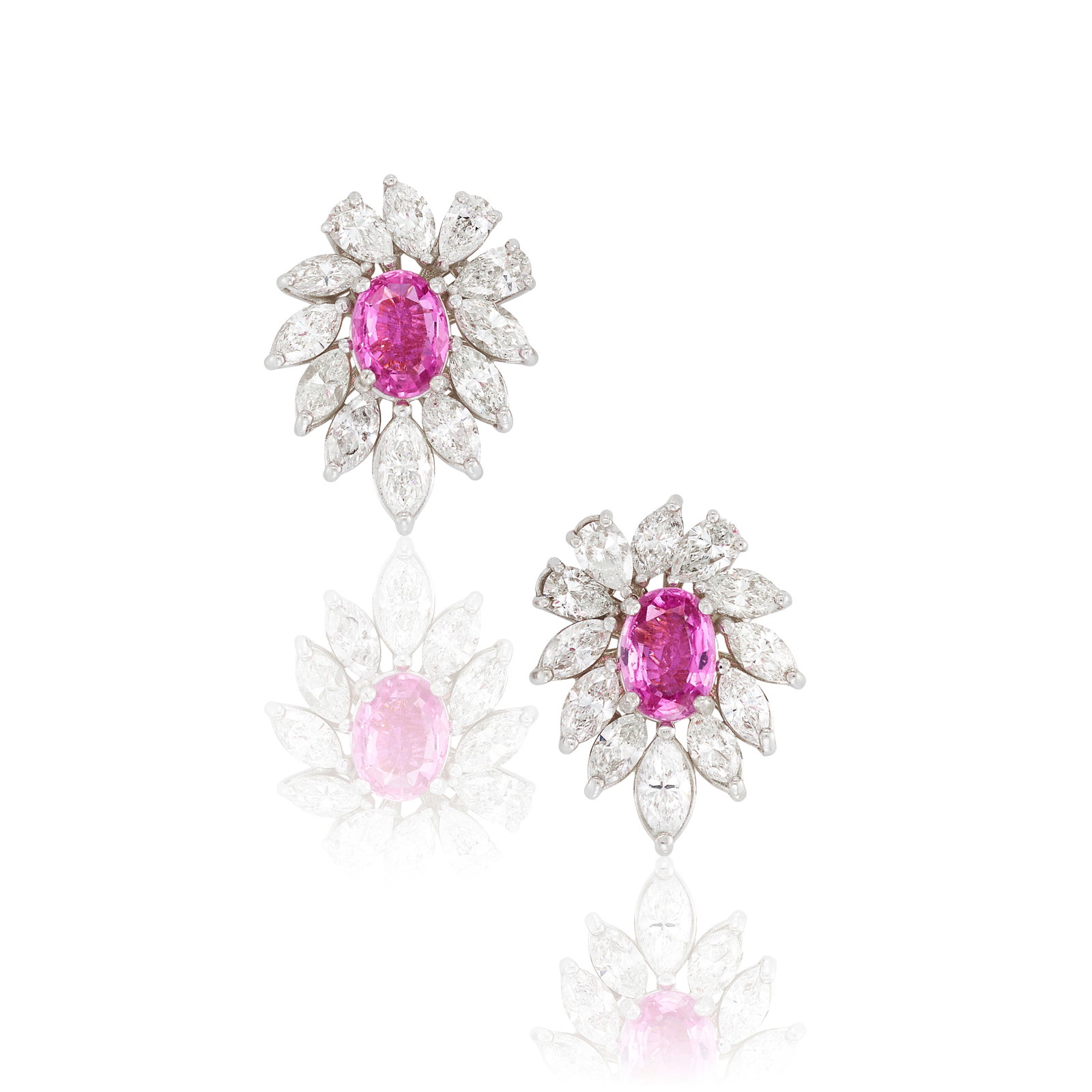 A PAIR OF PINK SAPPHIRE AND DIAMOND EARRINGS: A PAIR OF PINK SAPPHIRE AND DIAMOND EARRINGS Each centering an oval-shaped pink sapphire, within a surround of marquise and pear-shaped diamonds; estimated total pink sapphire weight 3.50 carats;