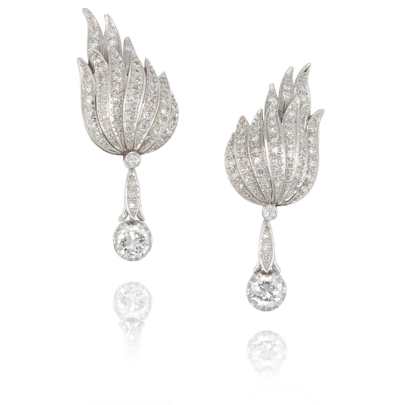 A PAIR OF DIAMOND EARRINGS, CIRCA 1950: A PAIR OF DIAMOND EARRINGS, CIRCA 1950 Each of flame design, comprising single-cut diamonds, suspending partially articulated pendants of round brilliant-cut diamonds; estimated total single-cut diamo
