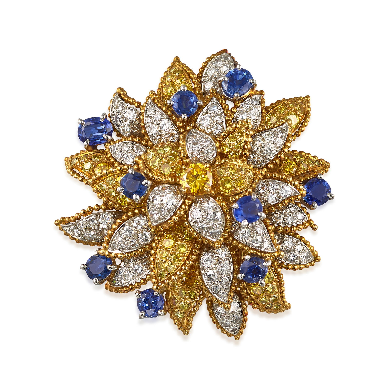 A SAPPHIRE, DIAMOND AND COLORED DIAMOND CLIP/BROOCH: A SAPPHIRE, DIAMOND AND COLORED DIAMOND CLIP/BROOCH Designed as a flower, centering a round brilliant-cut diamond of yellow hue with petals of round brilliant and single-cut diamonds, some of yellow h