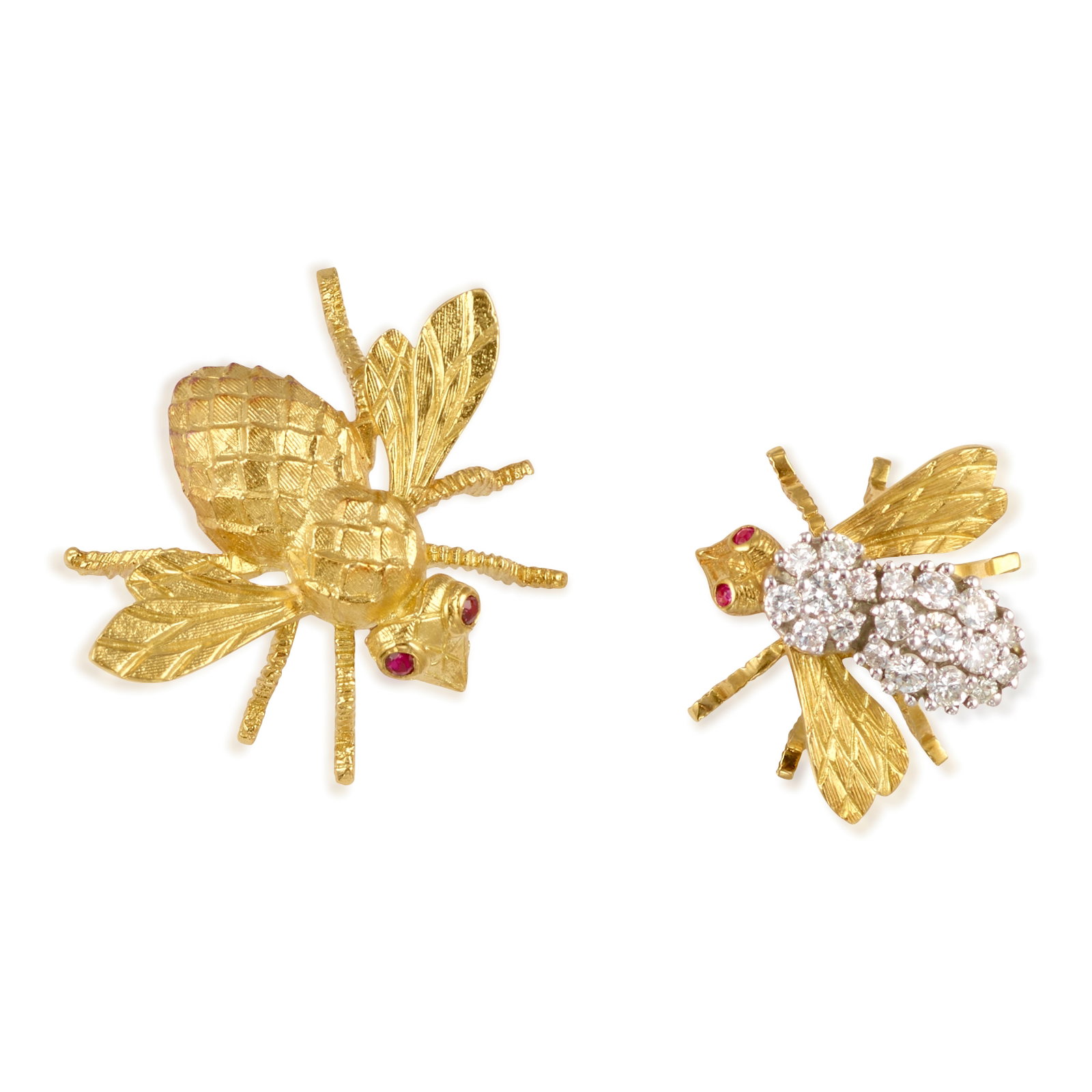 HERBERT ROSENTHAL: A SET OF 18K GOLD, DIAMOND AND GEM-SET BROOCHES: HERBERT ROSENTHAL: A SET OF 18K GOLD, DIAMOND AND GEM-SET BROOCHES Both designed as bees, the smaller accented with round brilliant-cut diamonds; both with maker's marks; estimated total diamond weigh