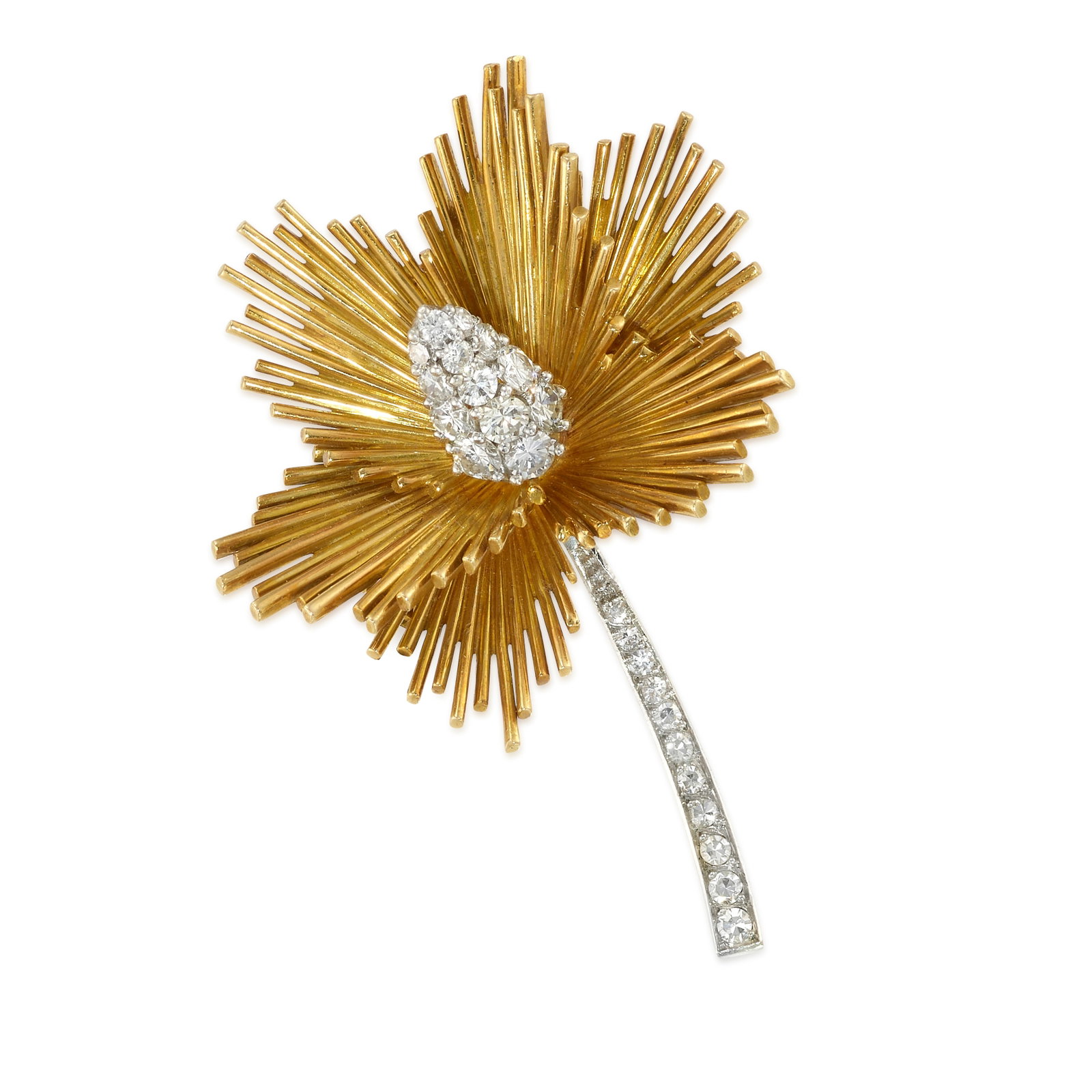 A DIAMOND CLIP/BROOCH, CIRCA 1950: A DIAMOND CLIP/BROOCH, CIRCA 1950 Designed as a conifer cone in a spray of needles, accented by round brilliant and single-cut diamonds; estimated total diamond weight 1.10 carats; mounted and fabrica