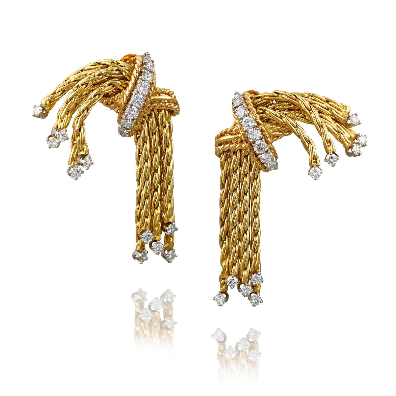 A PAIR OF 14K GOLD AND DIAMOND EARRINGS: A PAIR OF 14K GOLD AND DIAMOND EARRINGS Each designed with a gold and round brilliant-cut diamond accented rope fringe, gathered by bands of round brilliant-cut diamonds; with maker's mark DES; estima