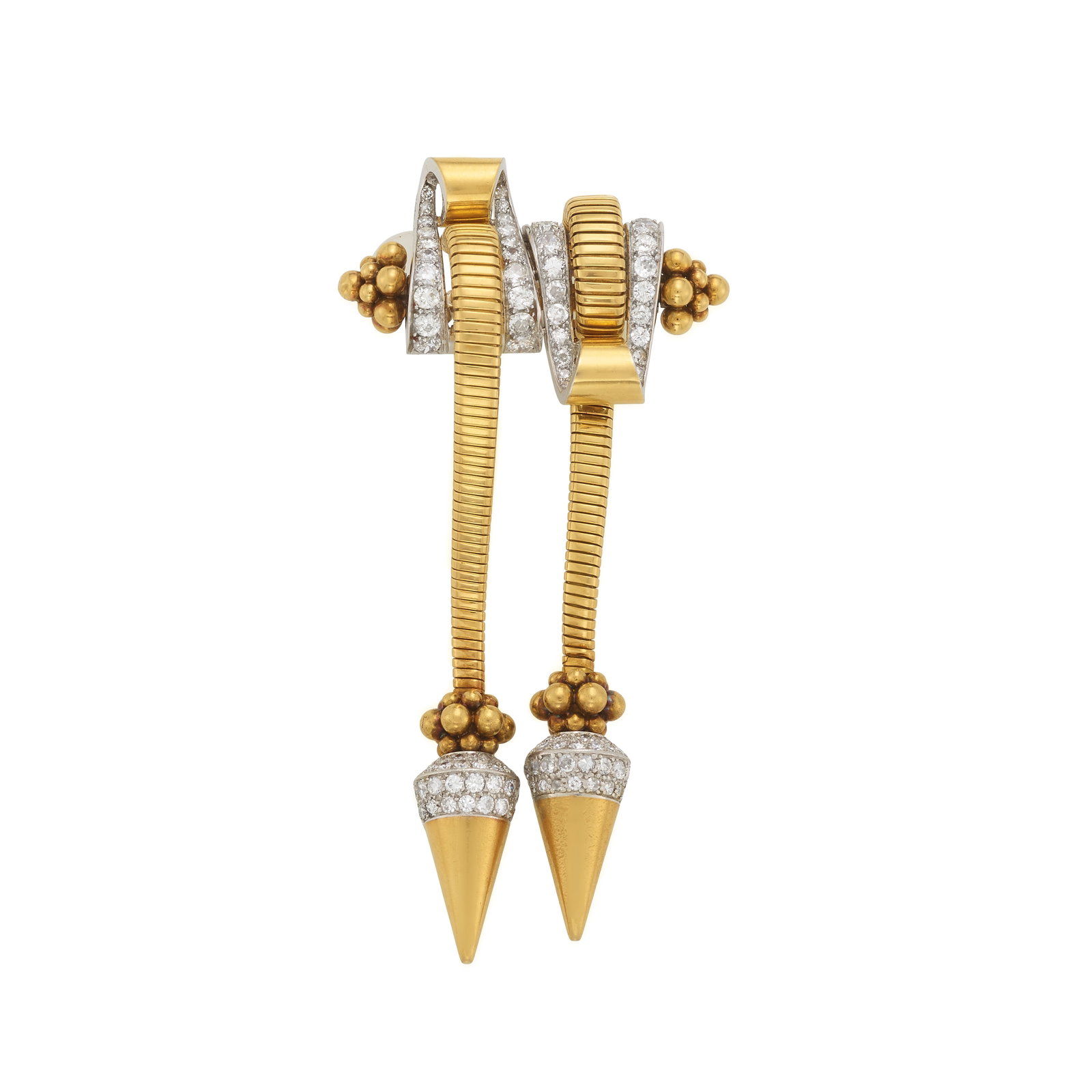 BOUCHERON: A DIAMOND BROOCH, CIRCA 1940: BOUCHERON: A DIAMOND BROOCH, CIRCA 1940 Of scroll design with clustered gold bead accents, suspending two tapered gas pipes with cone-shaped terminals, enhanced by old European, old single and round b