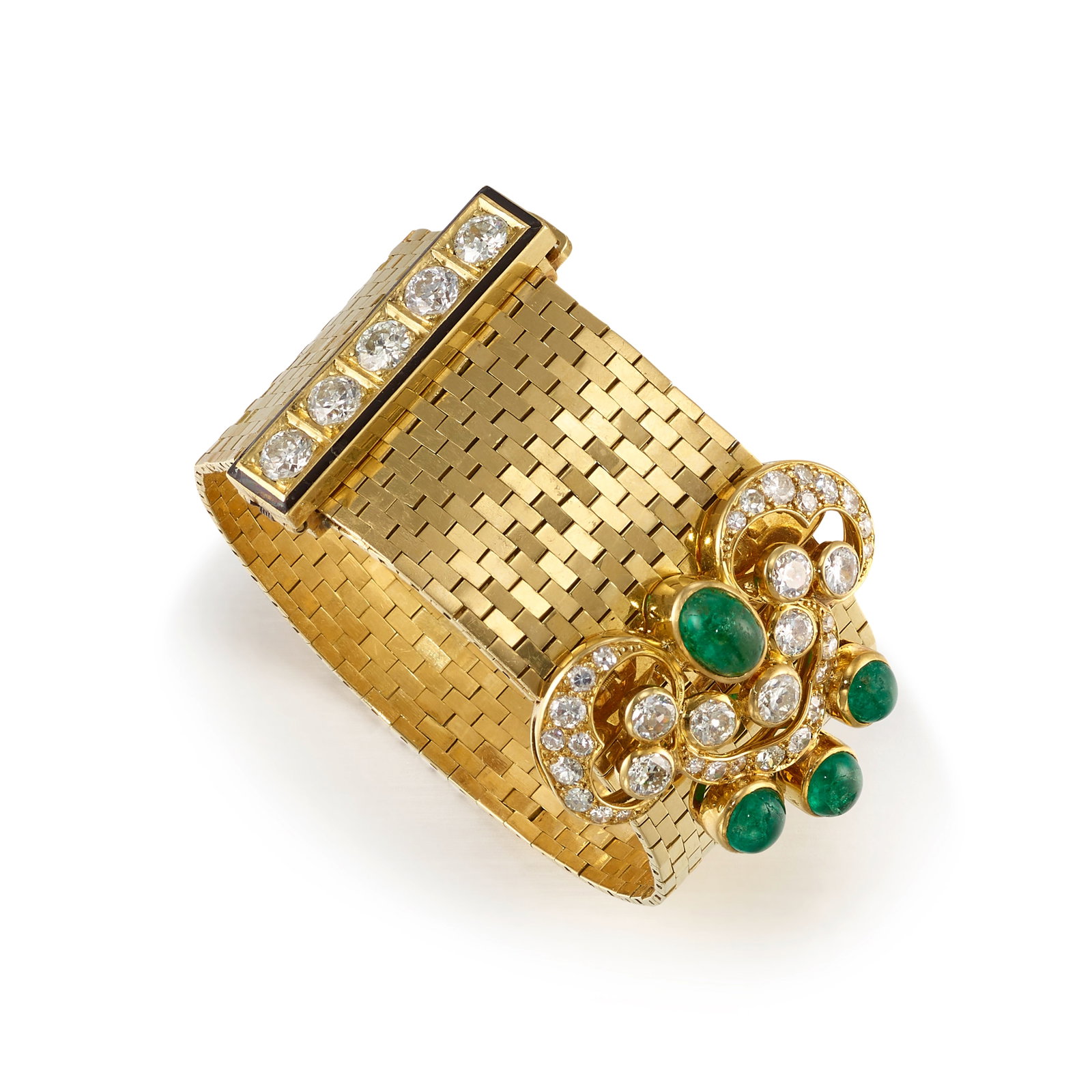 VAN CLEEF & ARPELS: AN 18K GOLD, EMERALD AND DIAMOND 'LUDO' BRACELET, CIRCA 1935: VAN CLEEF & ARPELS: AN 18K GOLD, EMERALD AND DIAMOND 'LUDO' BRACELET, CIRCA 1935 A strap bracelet of brick link design, completed by a bar clasp accented with old European and single-cut diamonds, ova