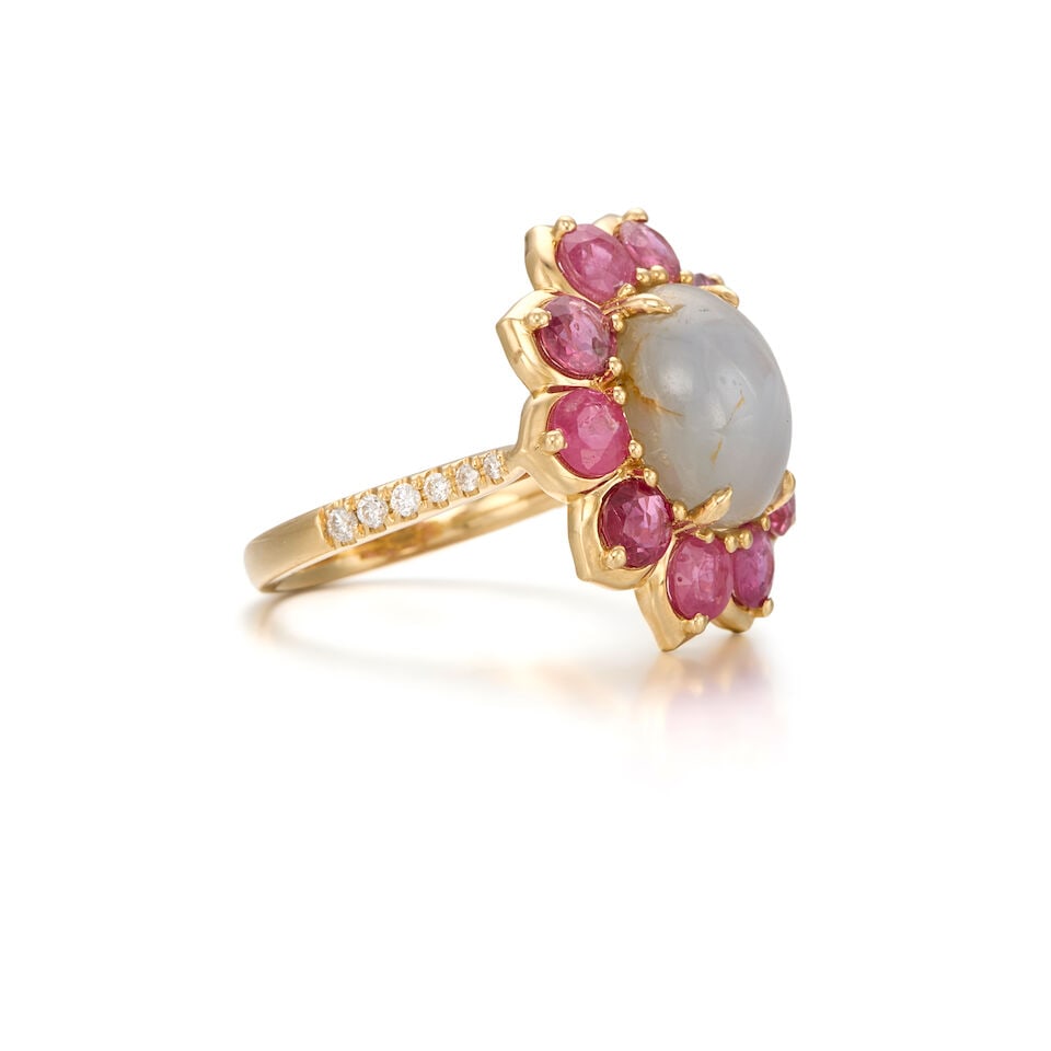 14K YELLOW GOLD, STAR SAPPHIRE, RUBY AND DIAMOND RING - 2