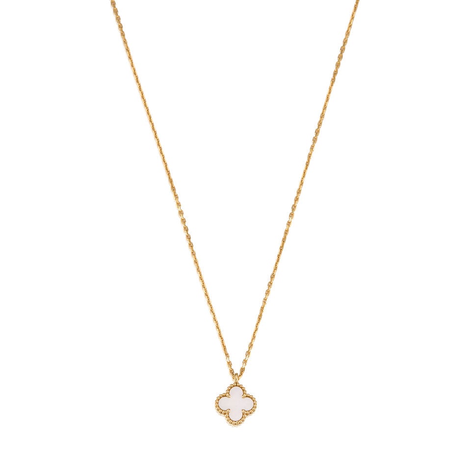 VAN CLEEF & ARPELS: A 18K YELLOW GOLD AND MOTHER OF PEARL ALHAMBRA NECKLACE: VAN CLEEF & ARPELS: A 18K YELLOW GOLD AND MOTHER OF PEARL ALHAMBRA NECKLACE • One carved mother of pearl measuring approximately 7.92mm x 7.95mm x 1.47mm • Stamped VCA, with maker's mark, 