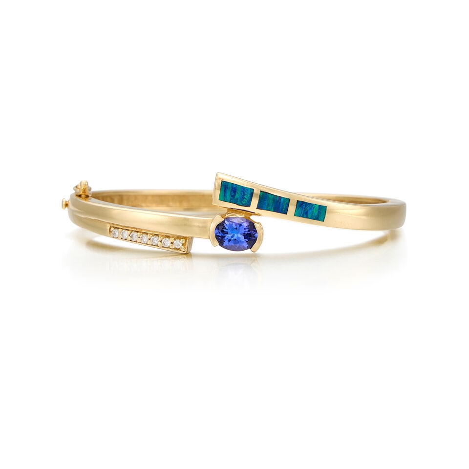 14K YELLOW GOLD, TANZANITE, OPAL AND DIAMOND BANGLE BRACELET - 2