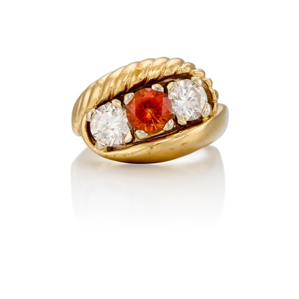 14K YELLOW GOLD, SYNTHETIC SAPPHIRE, AND DIAMOND RING (1 of 2)