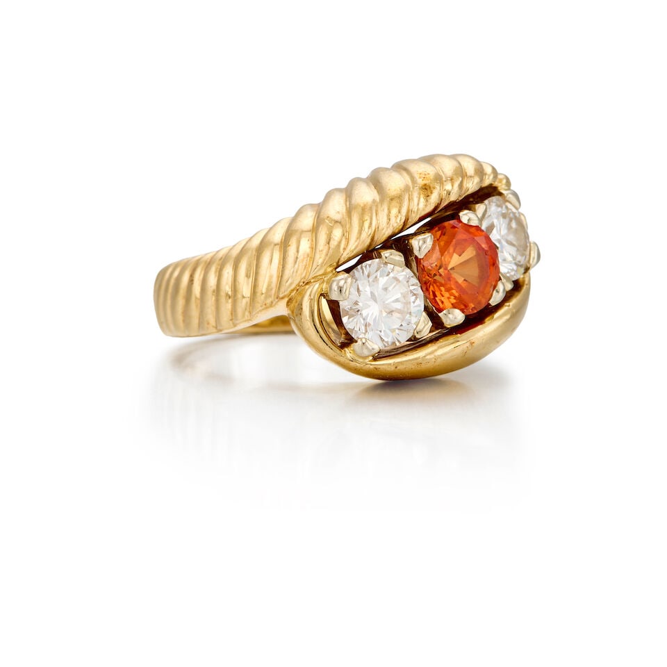 14K YELLOW GOLD, SYNTHETIC SAPPHIRE, AND DIAMOND RING - 2