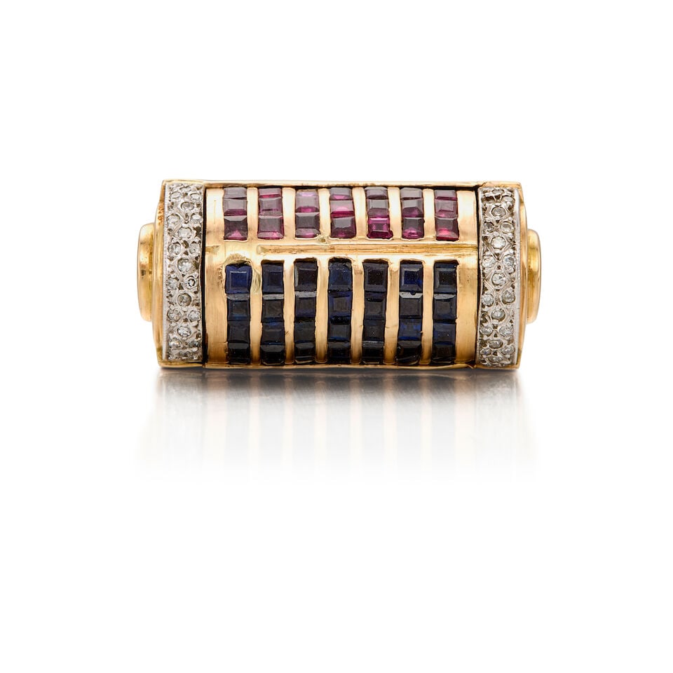 17K YELLOW GOLD, RUBY, SAPPHIRE AND DIAMOND RING: 17K YELLOW GOLD, RUBY, SAPPHIRE AND DIAMOND RING • Twenty-eight square shaped rubies and thirty-five square shaped sapphires measuring approximately 2.20mm x 2.00mm • Numerous round