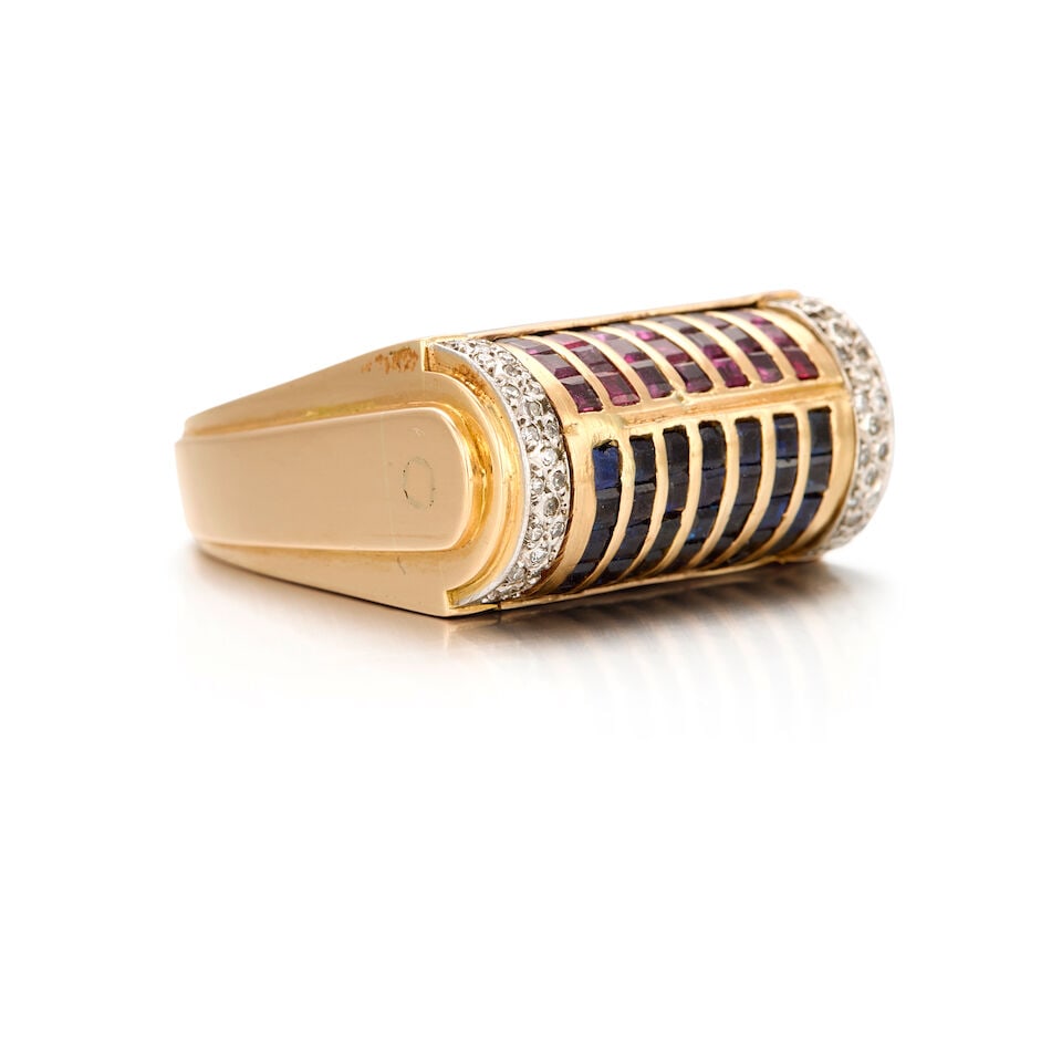 17K YELLOW GOLD, RUBY, SAPPHIRE AND DIAMOND RING - 2