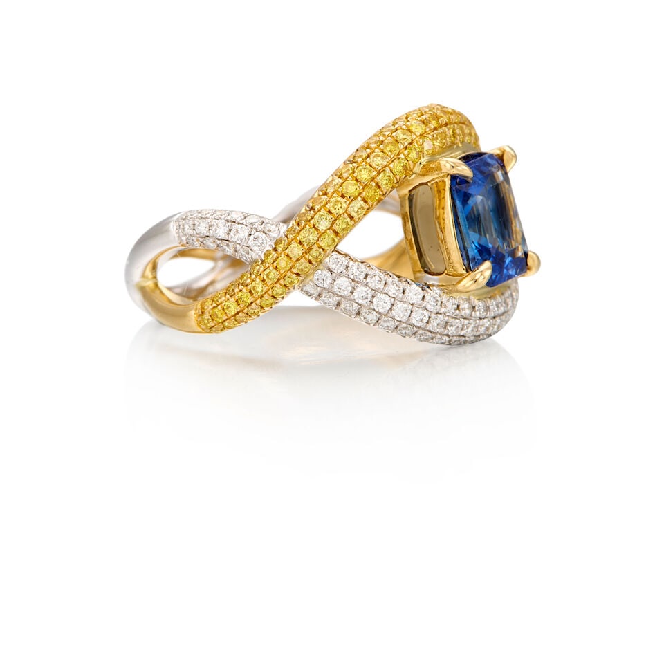 18K BICOLOR GOLD, SAPPHIRE AND DIAMOND RING - 2