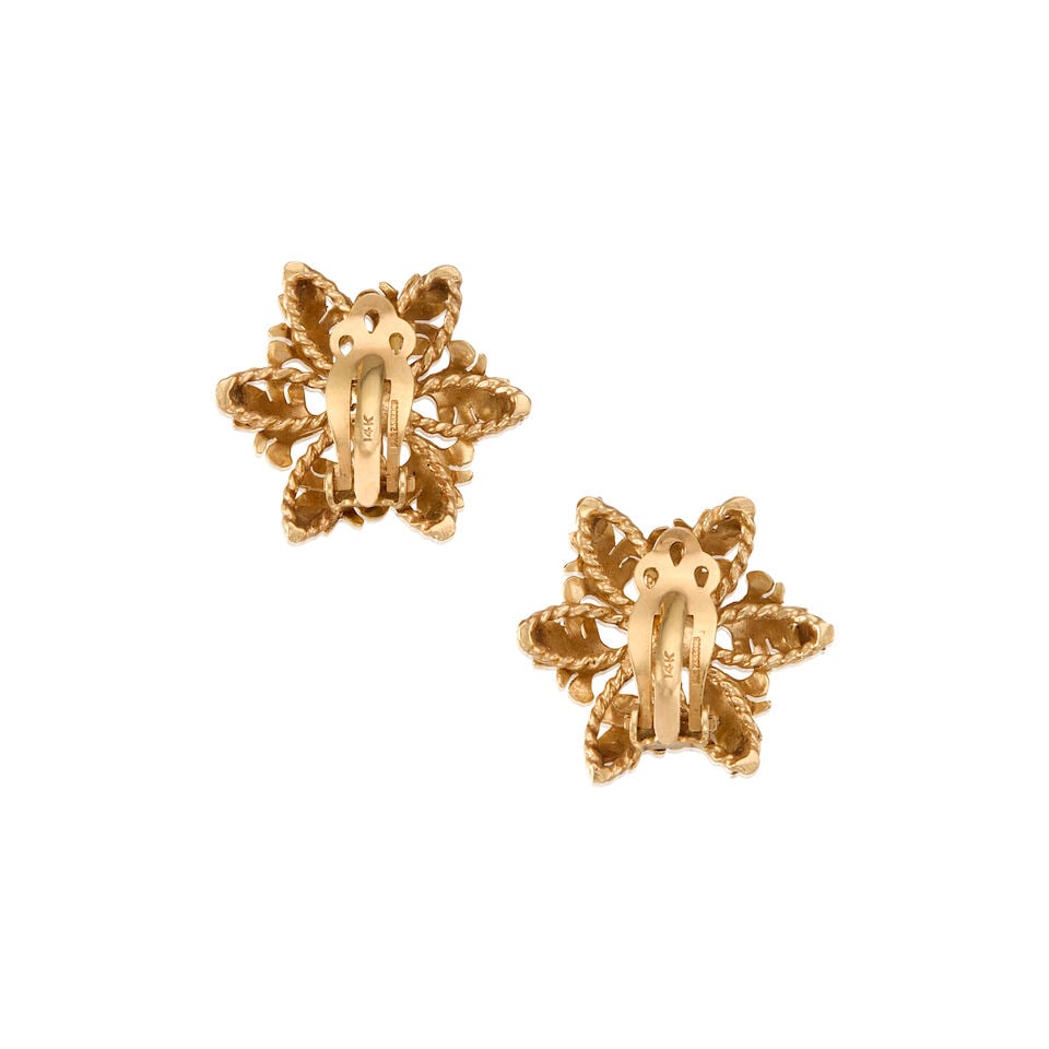 13K YELLOW GOLD AND CULTURED PEARL FLORAL CLIP-ON EARRINGS - 2
