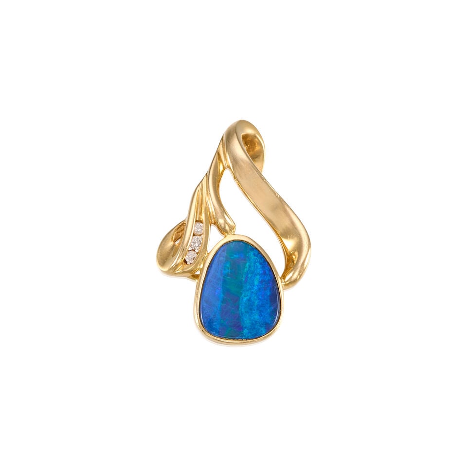 14K YELLOW GOLD, OPAL DOUBLET AND DIAMOND PENDANT: 14K YELLOW GOLD, OPAL DOUBLET AND DIAMOND PENDANT • One pear tablet shaped opal doublet measuring approximately 13.42mm x 1.54mm • Three round brilliant cut diamonds weighing