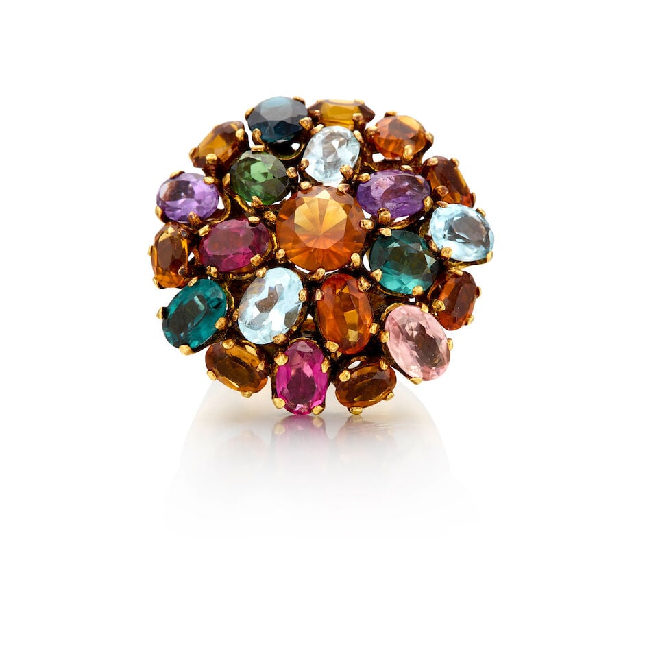 18K YELLOW GOLD AND GEMSET RING: 18K YELLOW GOLD AND GEMSET RING • Citrine, aquamarine, tourmaline, and amethyst in various shapes and sizes measuring approximately 4.75mm x 3.47mm to 7.11mm x 7.20mm • Size 7 •