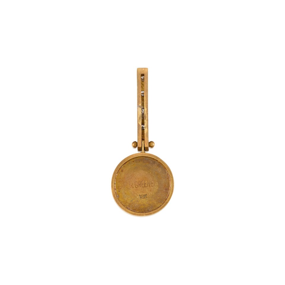 R. GREENE: 18K YELLOW GOLD, OPAL, ONYX AND DIAMOND PENDANT - 2