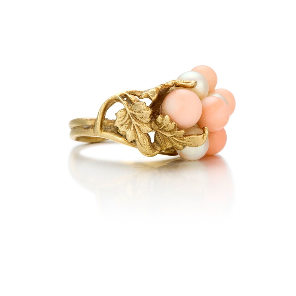 14K YELLOW GOLD, CULTURED PEARL, AND CORAL RING - 2