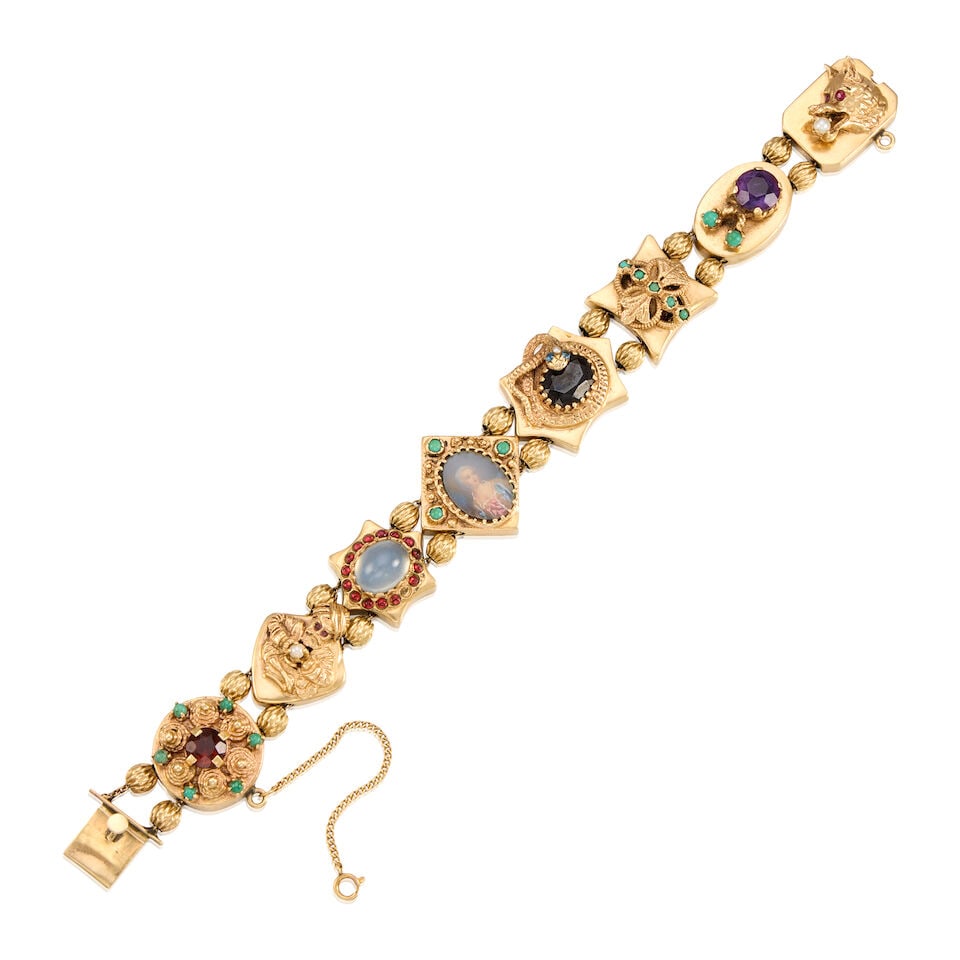 14K YELLOW GOLD AND GEMSET BRACELET: 14K YELLOW GOLD AND GEMSET BRACELET • Garnet, moonstone, amethyst, turquoise, cultured pearl, sapphire, and red stone in various shapes and sizes ranging from 2.52mm x 2.84mm to 10.24mm x