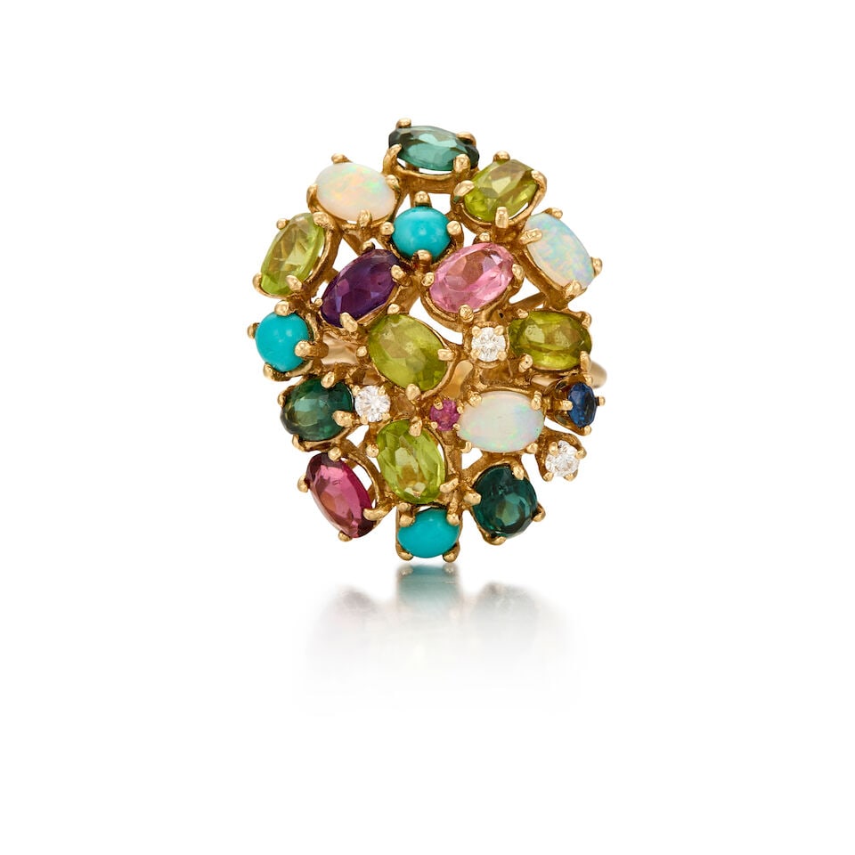 14K YELLOW GOLD, GEMSET, AND DIAMOND RING: 14K YELLOW GOLD, GEMSET, AND DIAMOND RING • Opal, sapphire, peridot, tourmaline, kunzite, amethyst, and turquoise in various shapes and sizes measuring approximately 3.25mm x 2.44mm to 6.27mm x