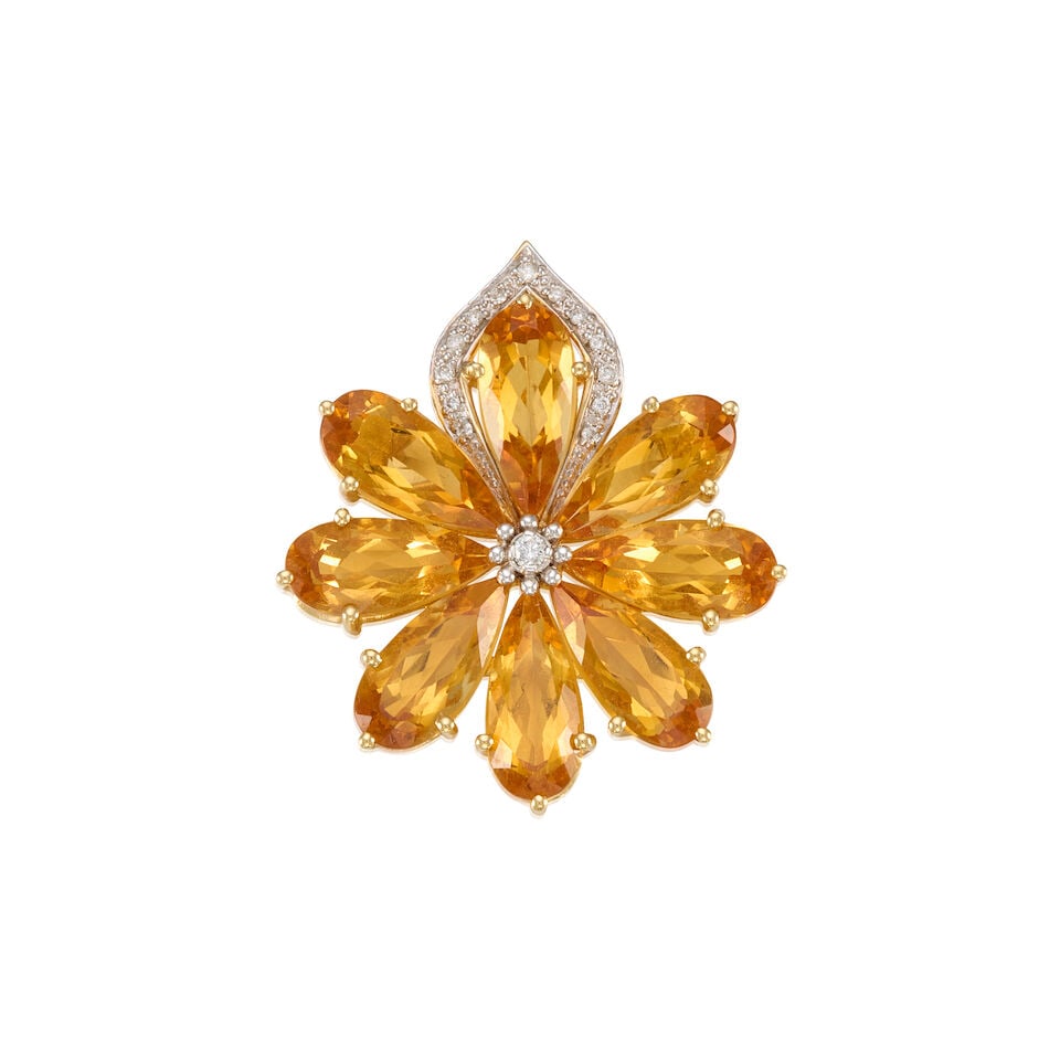 13K YELLOW GOLD, CITRINE AND DIAMOND PENDANT: 13K YELLOW GOLD, CITRINE AND DIAMOND PENDANT • Eight pear shaped citrines weighing approximately 13.60 carats total • Numerous round brilliant cut diamonds measuring approximately 1mm to
